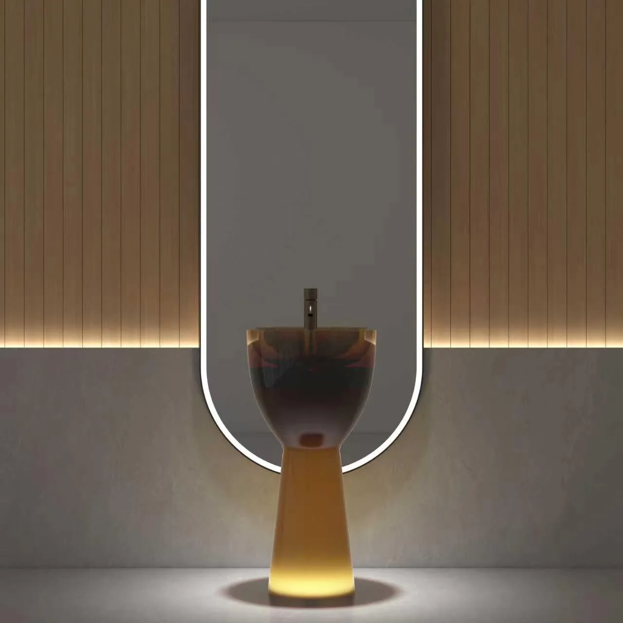 Straight-on front view of the amber illuminated chalice translucent resin pedestal washbasin set against modern wood paneling with an ambient glowing floor pedestal.