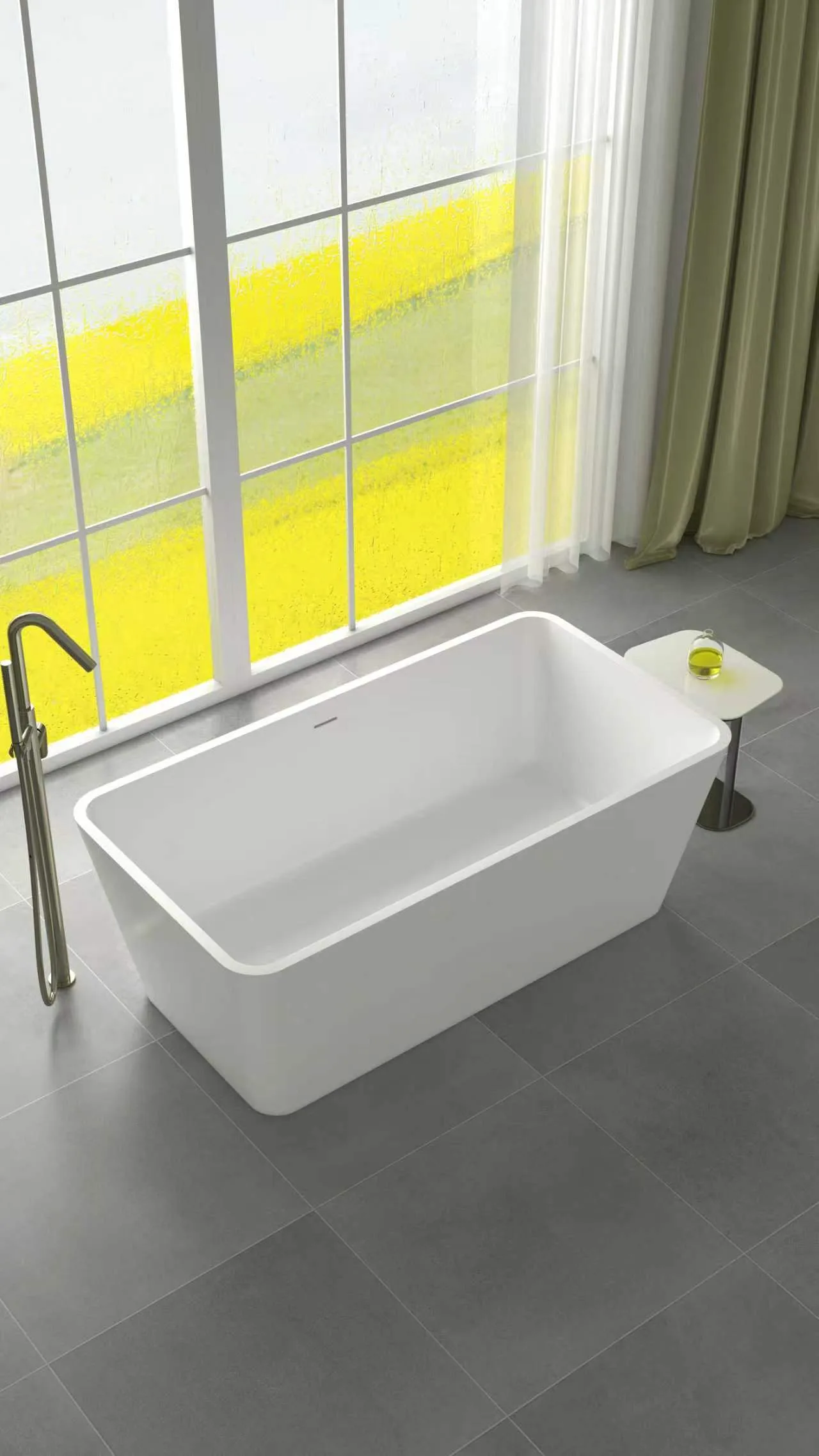Direct top-down view showcasing the clean rectangular rim lines, spacious soaking area, and centered pop-up drain of the matte white tapered rectangular solid surface freestanding bathtub.
