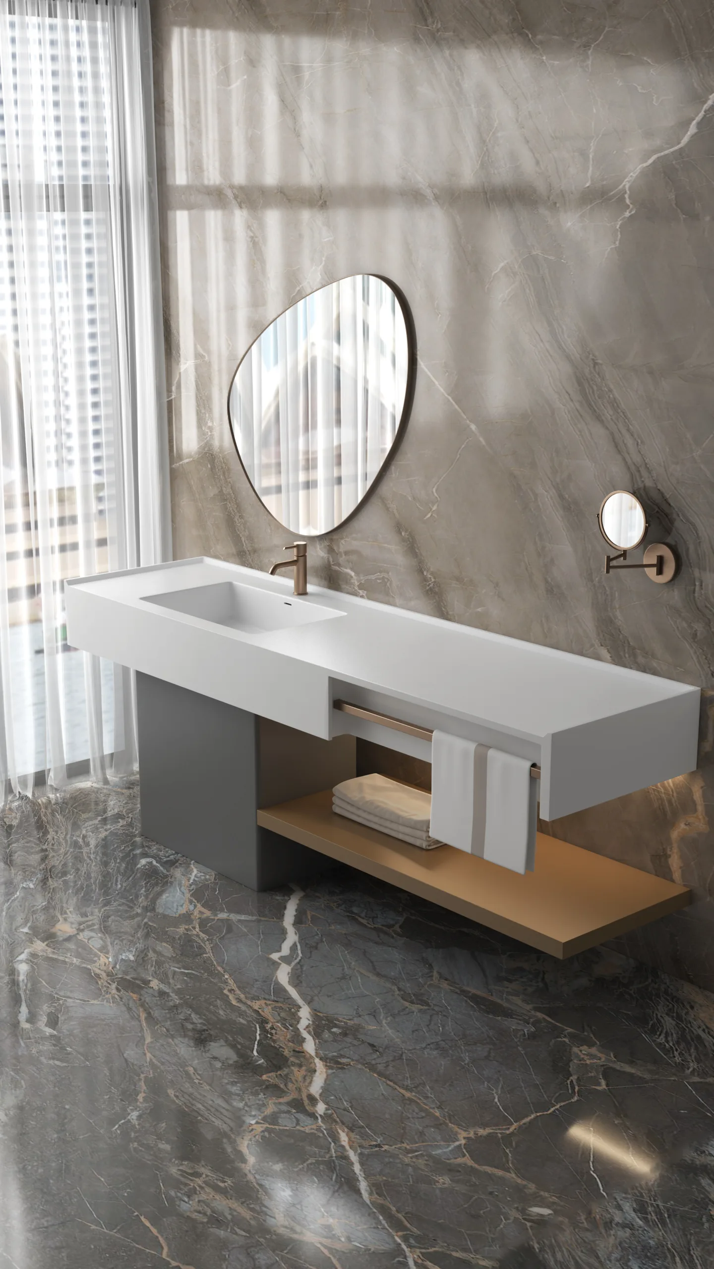 Premium modern solid surface integrated basin bathroom vanity featuring an asymmetric white console top, a matte grey support pedestal, and an organic pebble-shaped wall mirror.