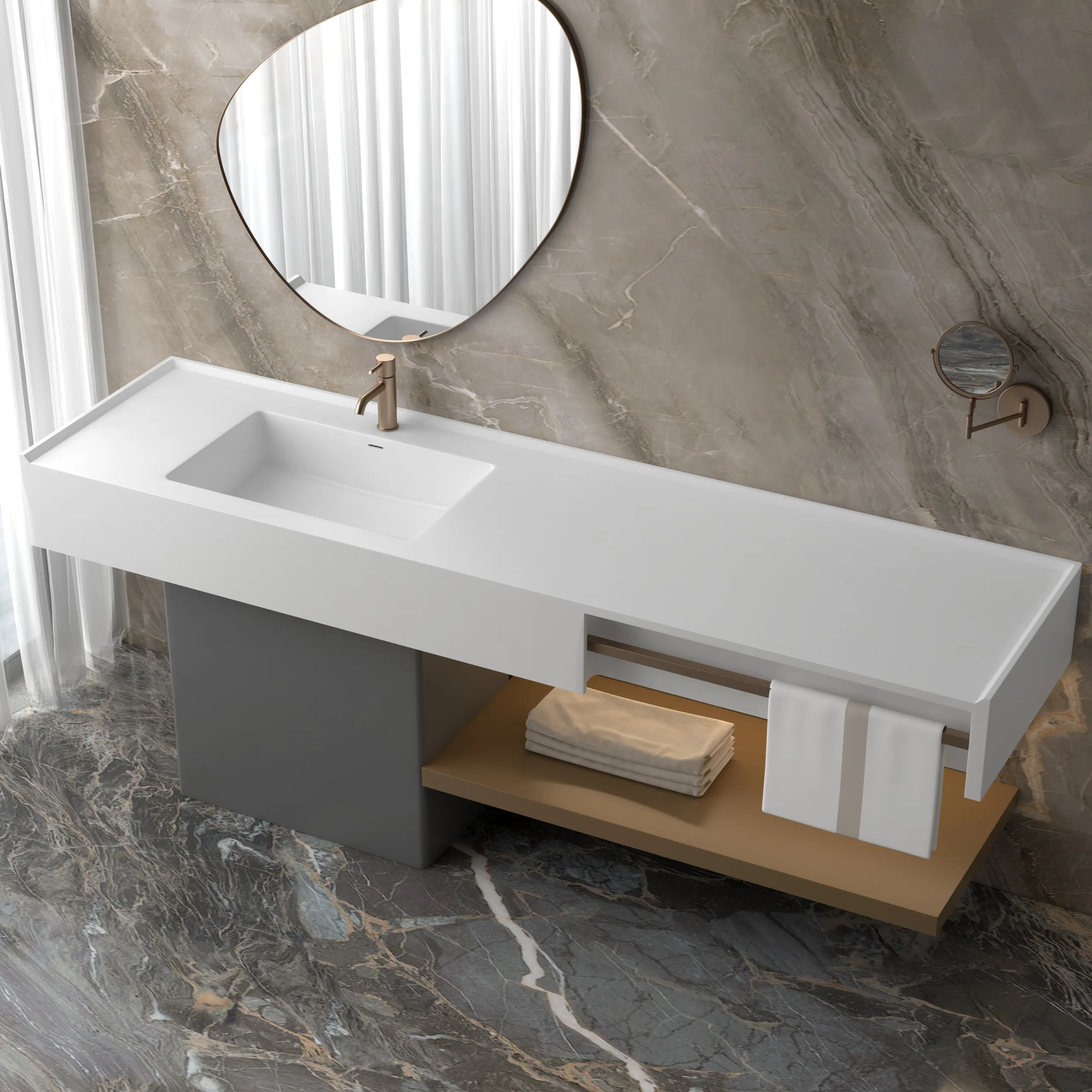 High-angle perspective view showcasing the cantilevered open storage shelf and integrated rose gold towel rail of the solid surface integrated basin bathroom vanity.