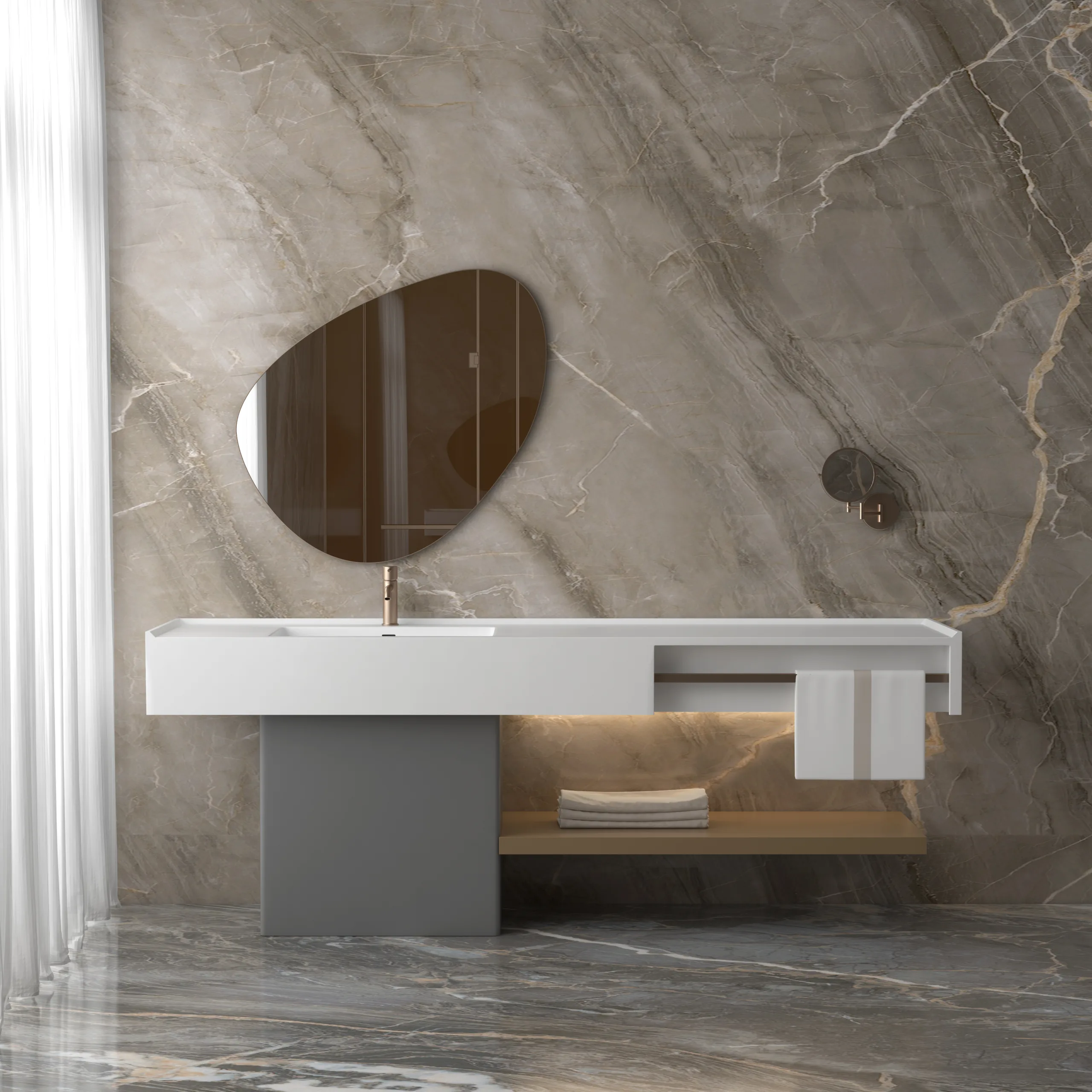 Front elevation view highlighting the minimalist asymmetrical lines and architectural layout of the solid surface integrated basin bathroom vanity system.