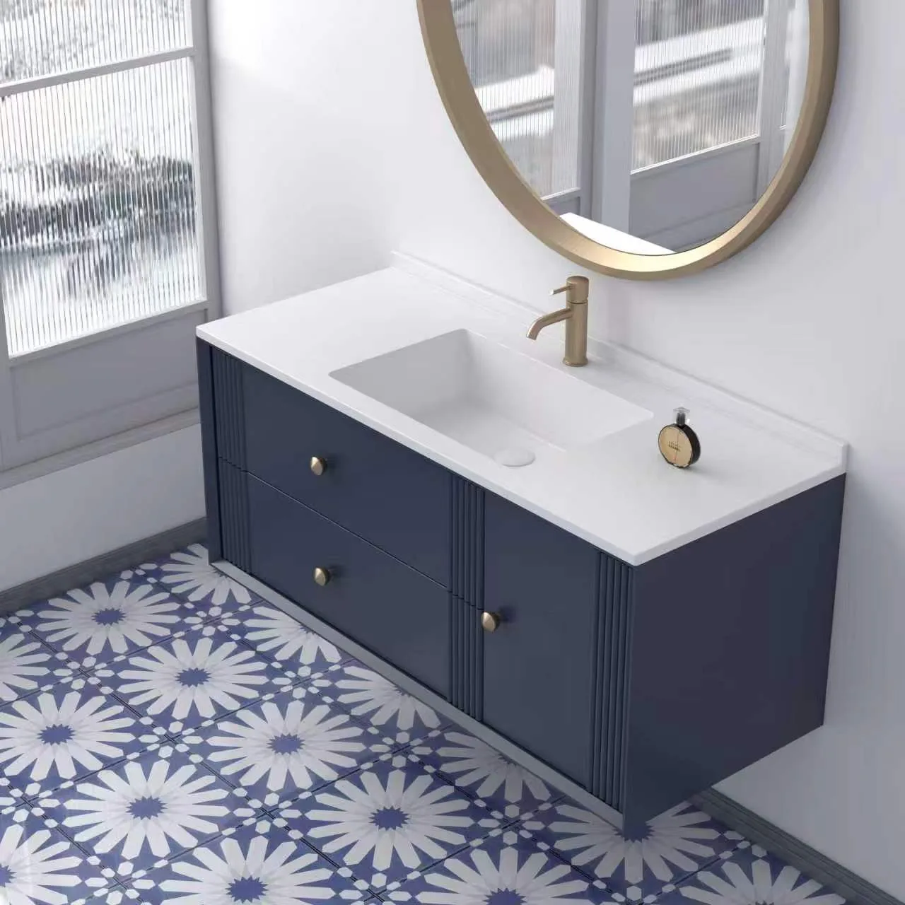 High-angle three-quarter left perspective view highlighting the seamless matte white solid surface countertop profile and the textured fluted detailing of the wall-hung navy blue vanity cabinet.