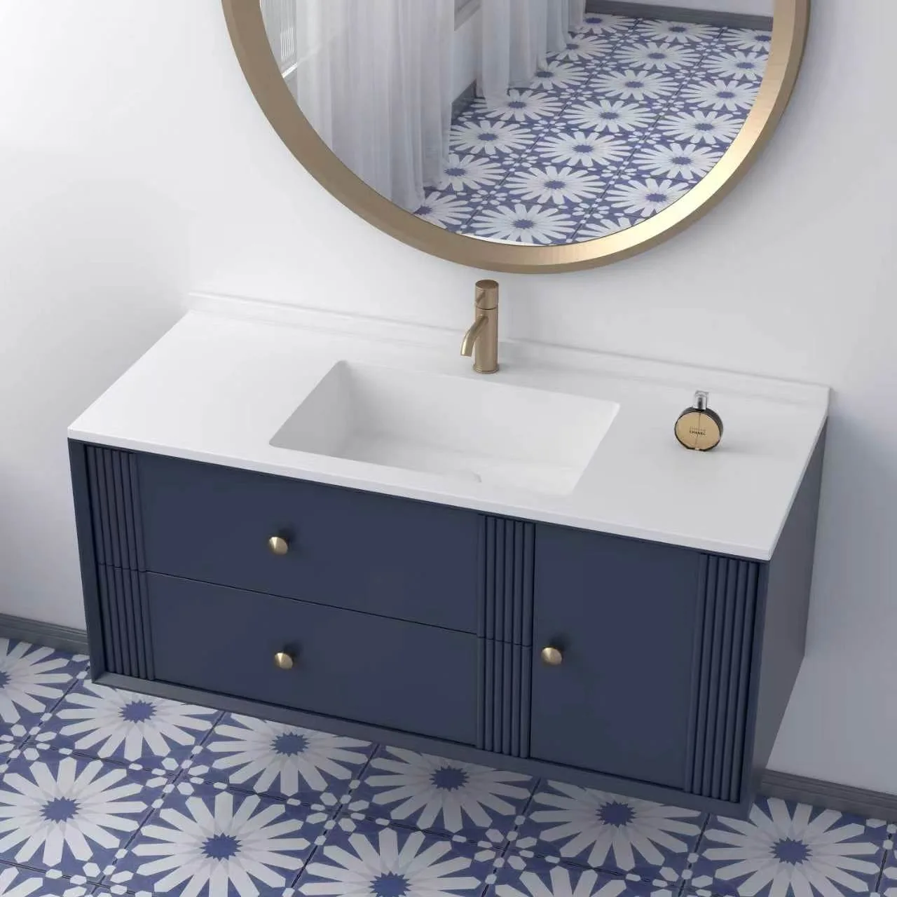 High-angle three-quarter right perspective view showing the deep rectangular integrated basin, built-in rear backsplash lip, and functional right-hand countertop surface area.