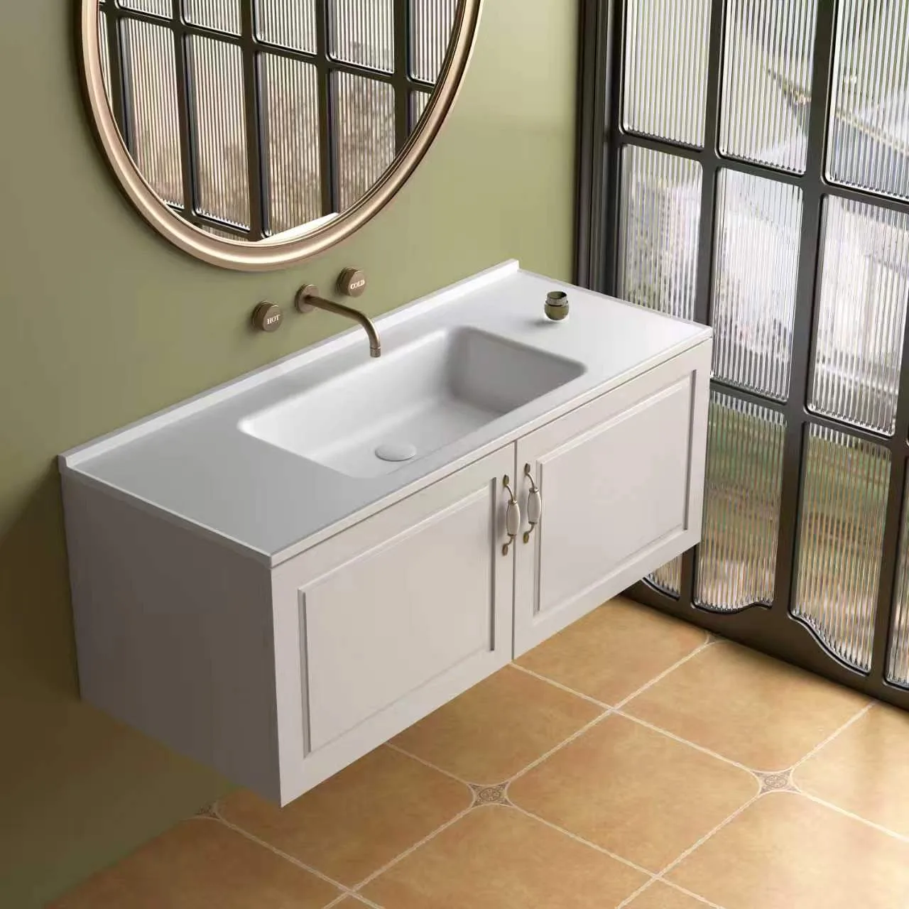 Three-quarter right perspective view of the Off-White Floating Shaker Bathroom Vanity with Solid Surface Sink highlighting the crisp edge profile and off-white lacquered cabinet.
