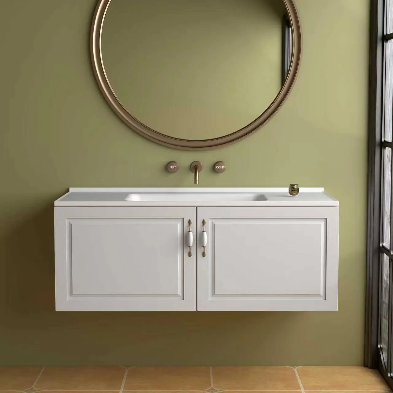 Overhead top-down view of the Off-White Floating Shaker Bathroom Vanity with Solid Surface Sink showcasing the seamless matte white sink basin and countertop workspace.