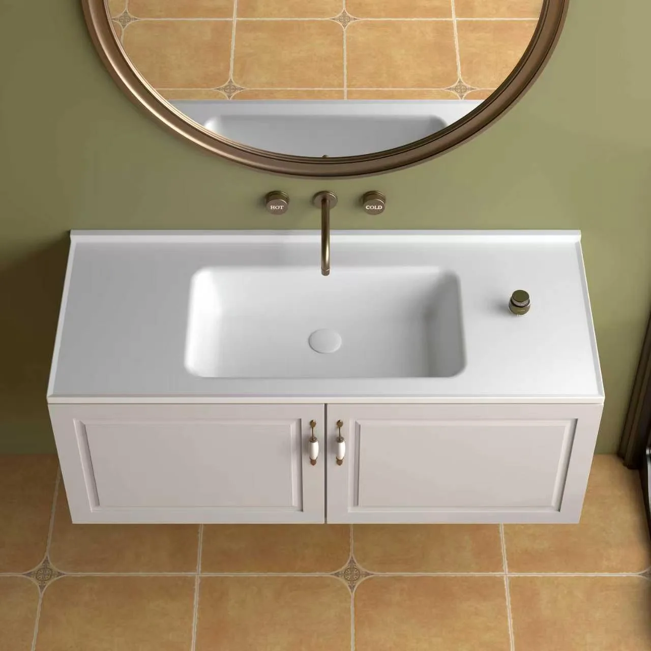 Front elevation view of the Off-White Floating Shaker Bathroom Vanity with Solid Surface Sink showing classic recessed door panels and backsplash lip.