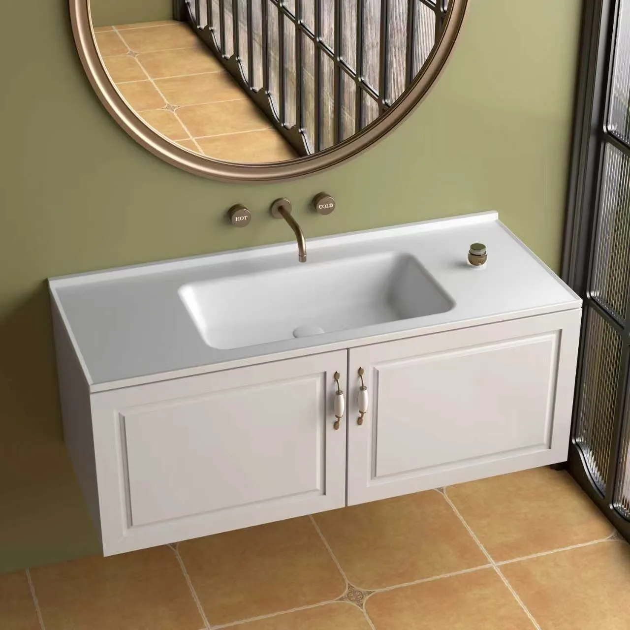 High-angle perspective view of the Off-White Floating Shaker Bathroom Vanity with Solid Surface Sink featuring double framed cabinet doors and vintage ceramic handles.