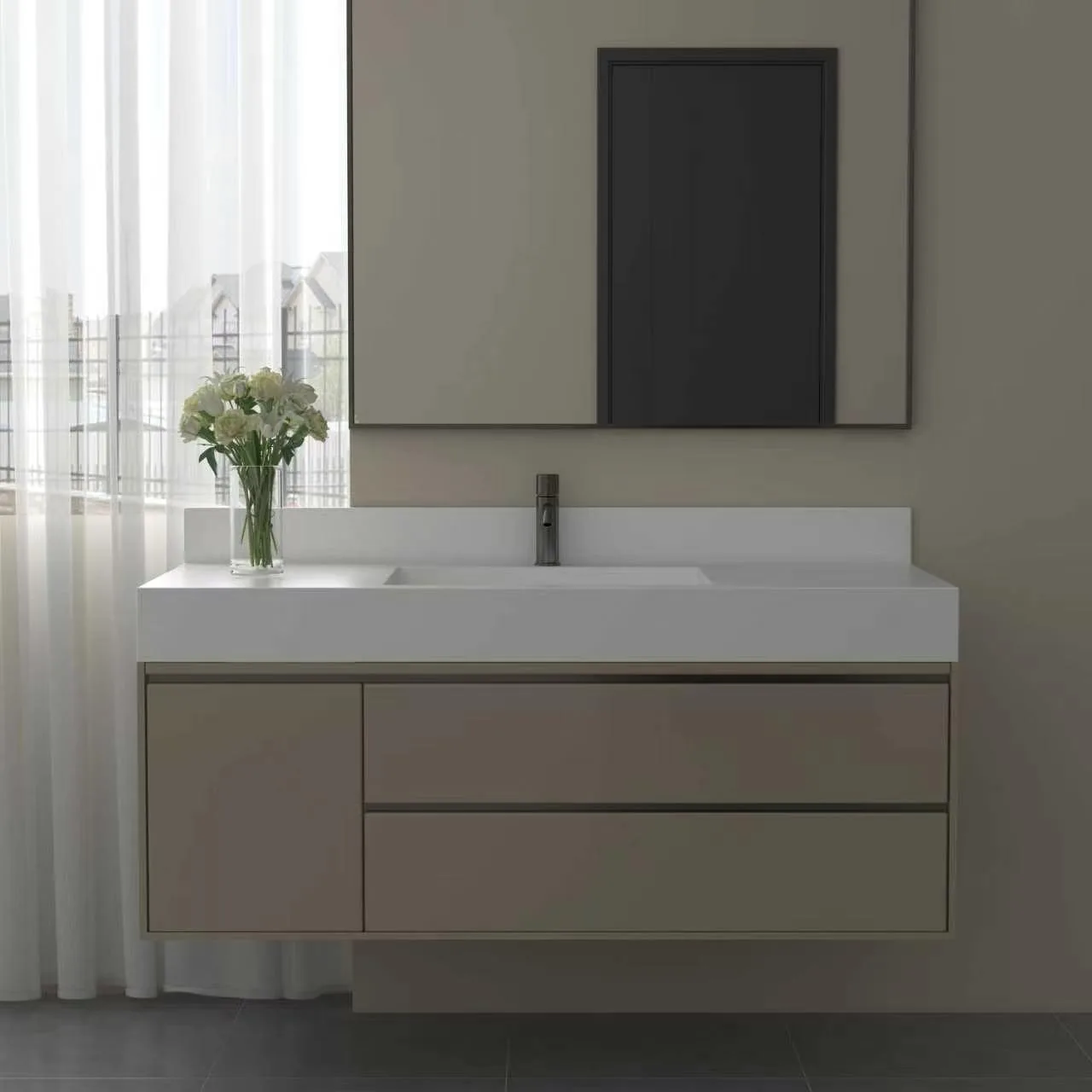 Premium beige matte floating solid surface bathroom vanity combo featuring a seamless white countertop with an integrated rectangular basin, asymmetric handleless drawers, and a large matching rectangular wall mirror.