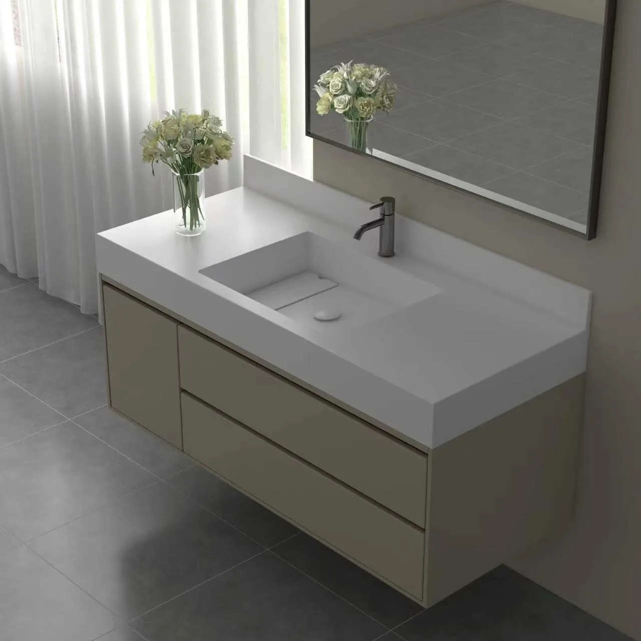 High-angle perspective view of the beige matte floating solid surface bathroom vanity showcasing the integrated backsplash and unique sloped basin design with a removable drain cover plate.