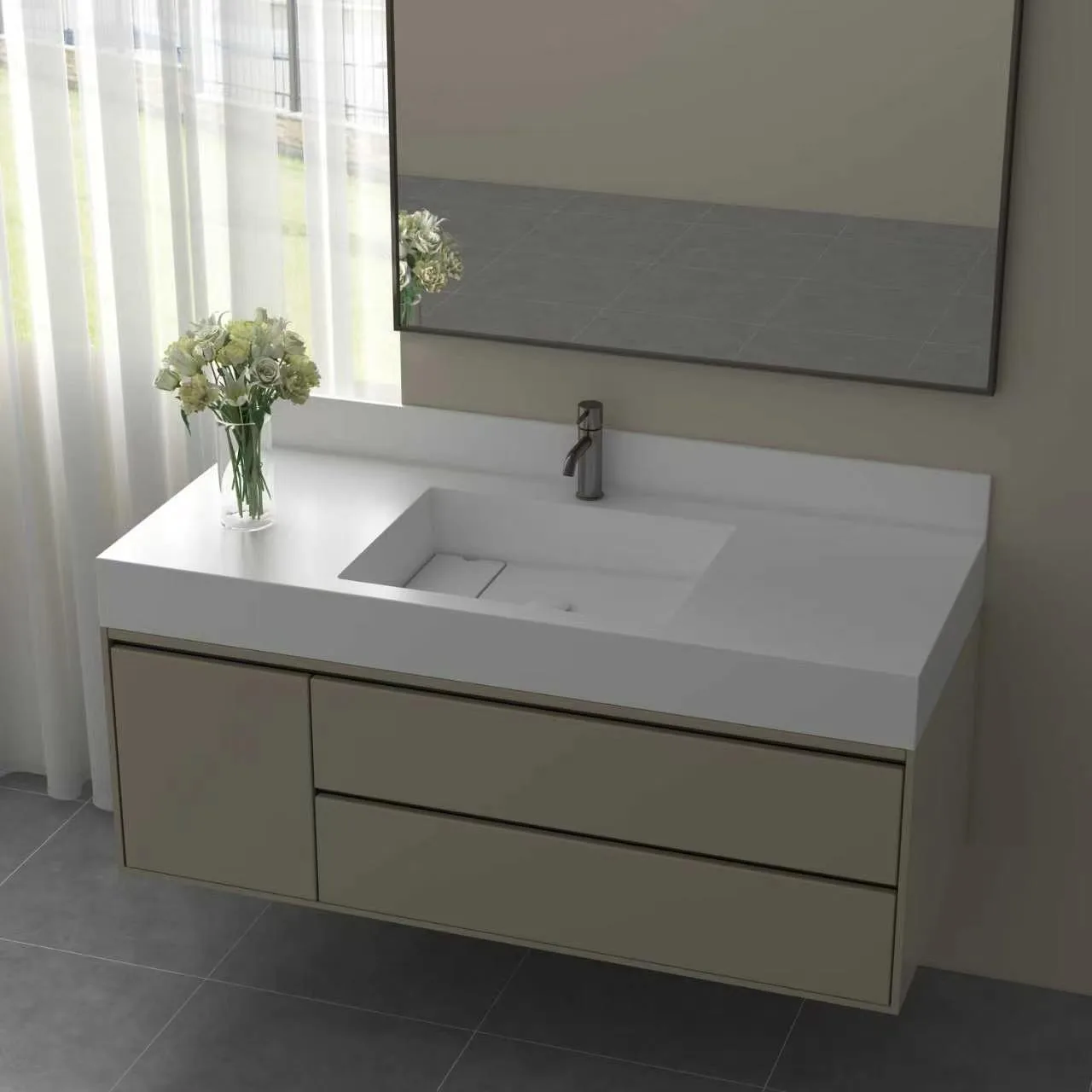 Alternative high-angle view of the minimalist beige matte floating solid surface bathroom vanity illustrating the seamless integration between the countertop and the wash basin.