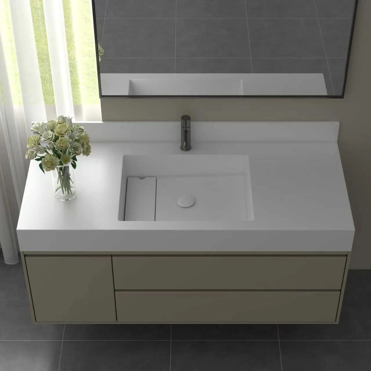 Direct overhead top-down view highlighting the clean layout, spacious counter deck, and matching rectangular mirror of the beige matte floating solid surface bathroom vanity system.