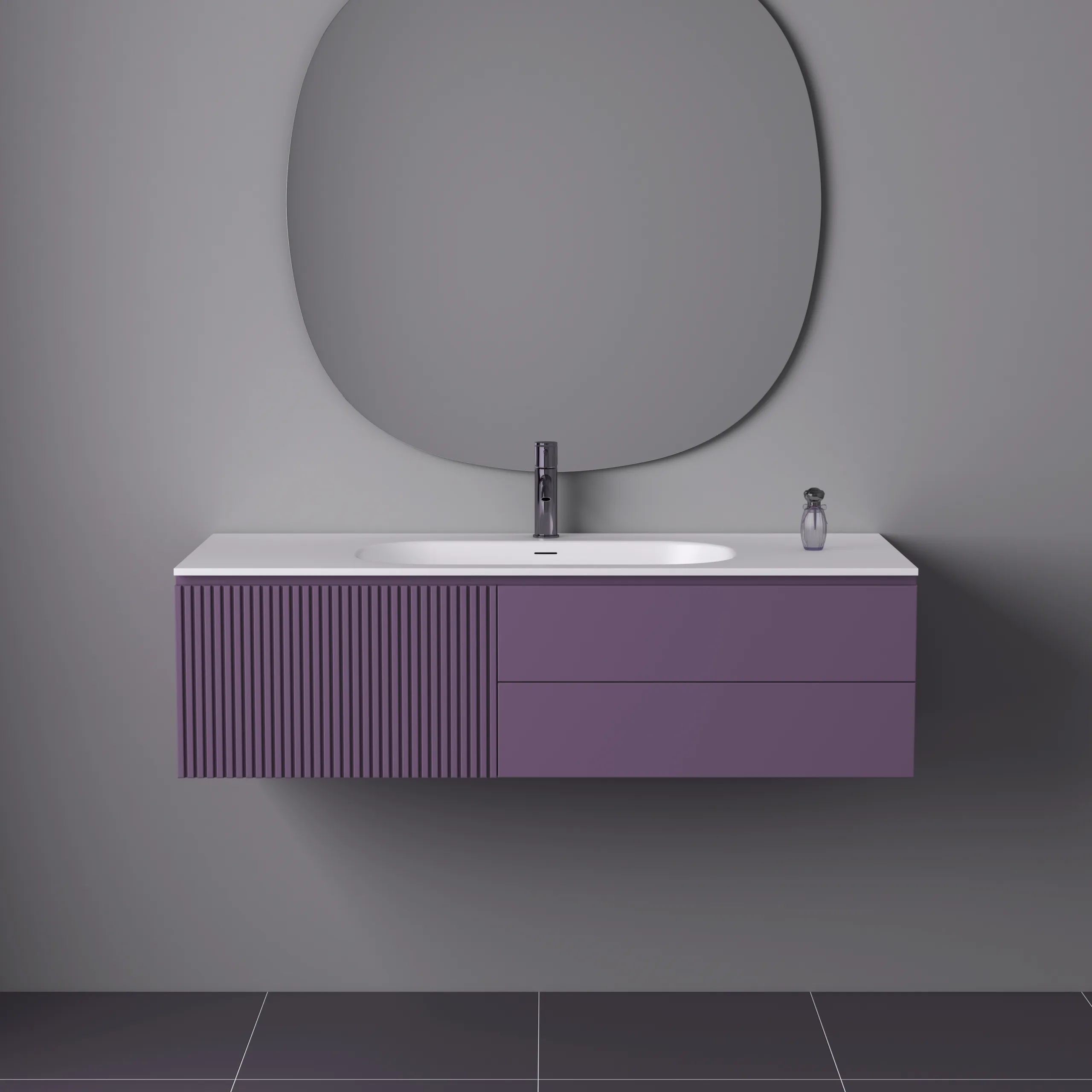 Premium purple fluted floating solid surface bathroom vanity combo featuring a seamless matte white countertop, an integrated oval basin, and a large circular wall mirror.