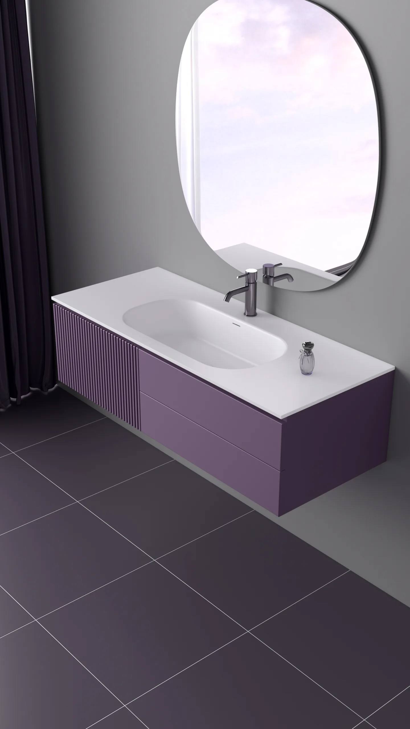 High-angle perspective view of the purple fluted floating solid surface bathroom vanity highlighting the dual-textured cabinet face and seamless sink construction next to deep violet drapes.
