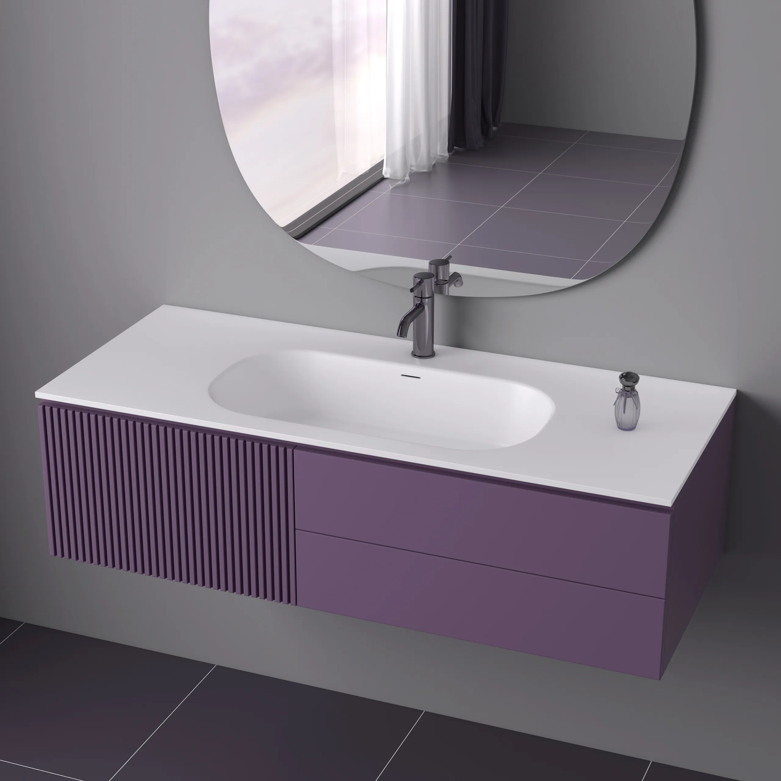Side perspective architectural view of the purple fluted floating solid surface bathroom vanity reflecting an open window layout in 待定4 (3).jpg.