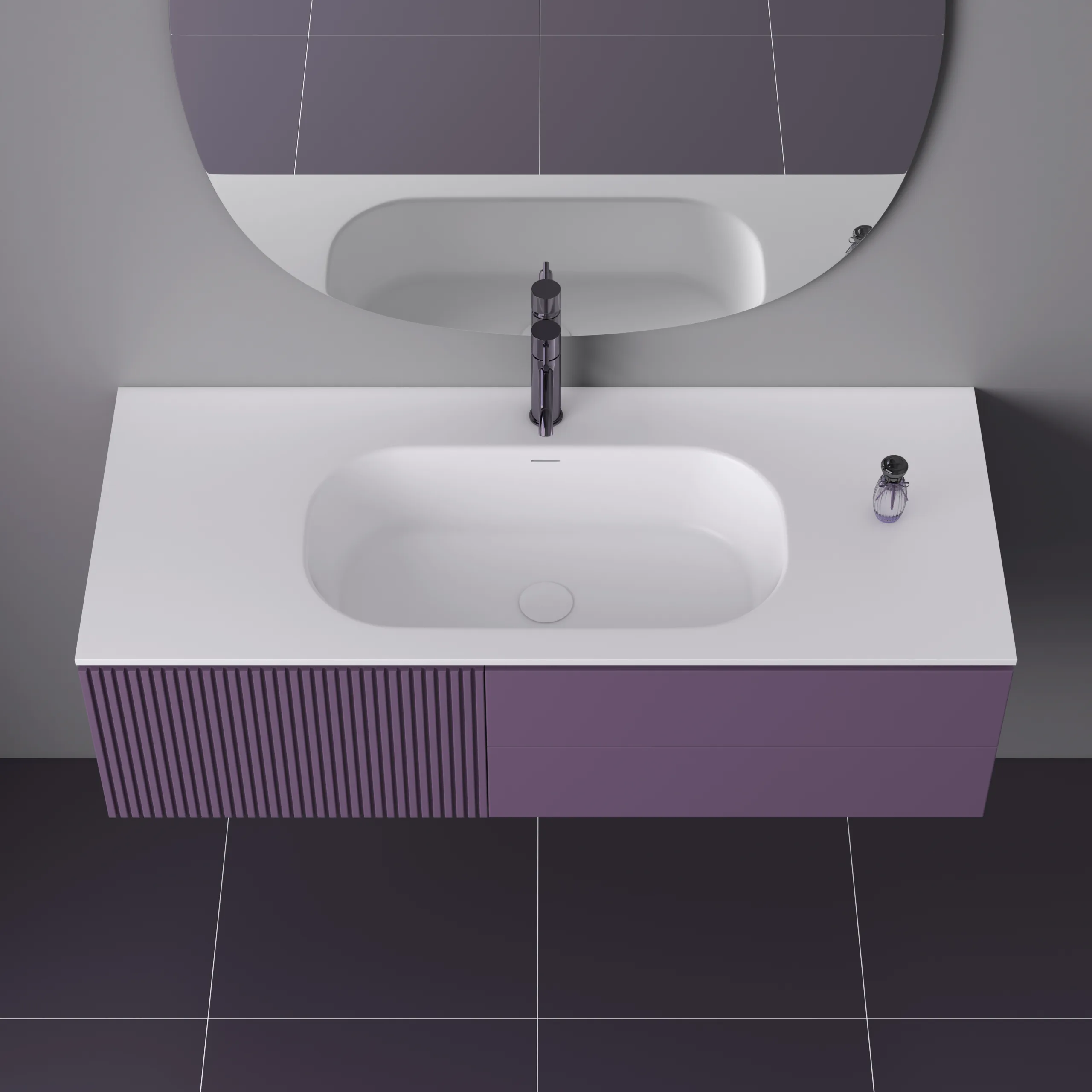 Direct top-down overhead view showcasing the flawless integrated matte white resin countertop and basin profile of the purple fluted floating solid surface bathroom vanity.