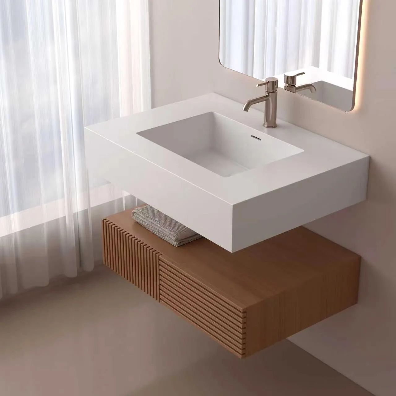 High-angle perspective view of the oak fluted floating solid surface bathroom vanity featuring a thick matte white resin basin console and a dual-textured wooden lower drawer unit.