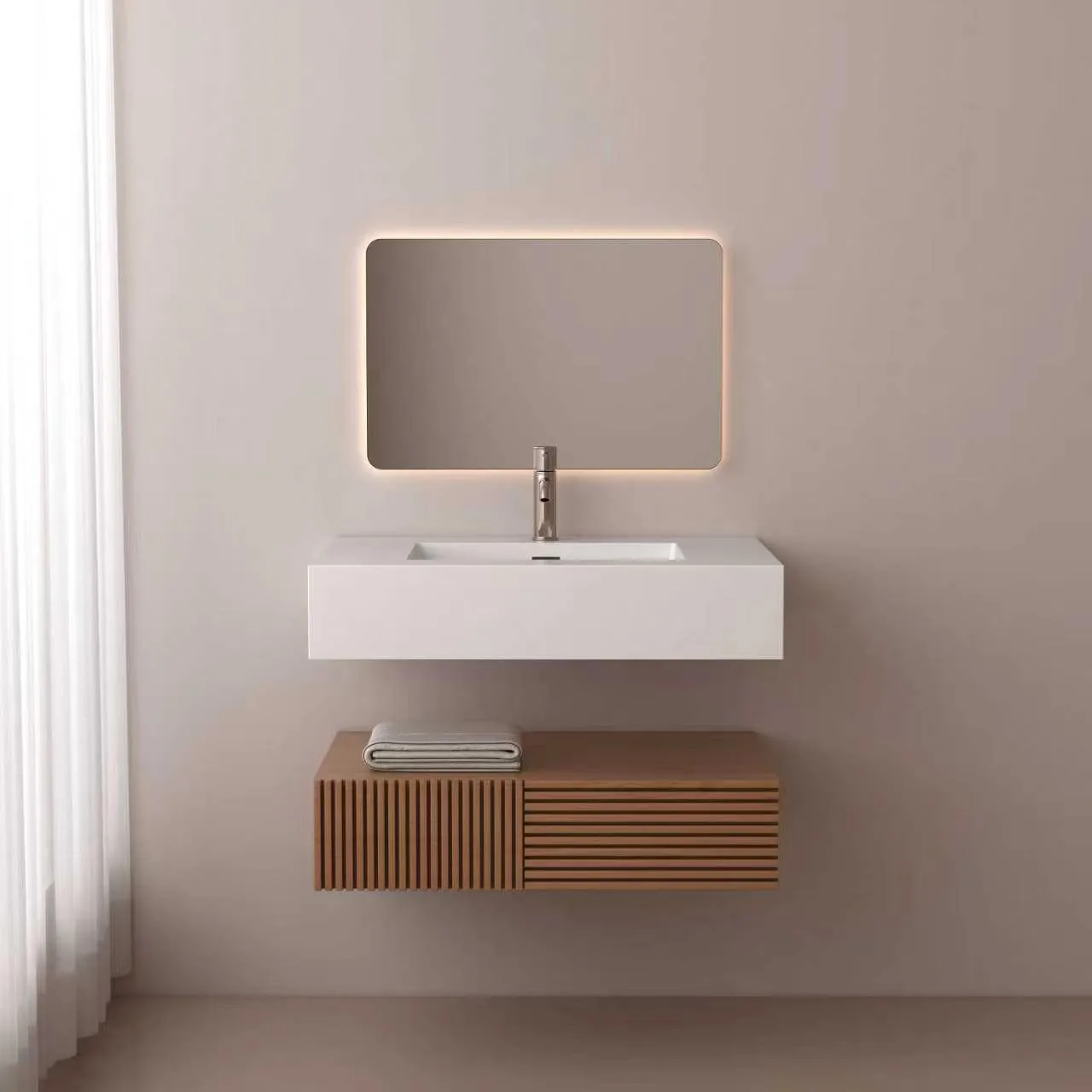 Front elevation view highlighting the architectural alignment, rectangular backlit LED mirror, and clean geometric layout of the oak fluted floating solid surface bathroom vanity.