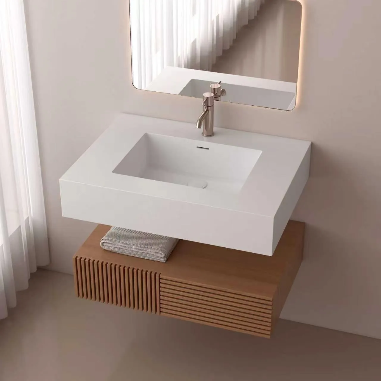 Alternative side perspective view illustrating the floating two-tier configuration and modern brushed hardware pairing of the oak fluted floating solid surface bathroom vanity system.