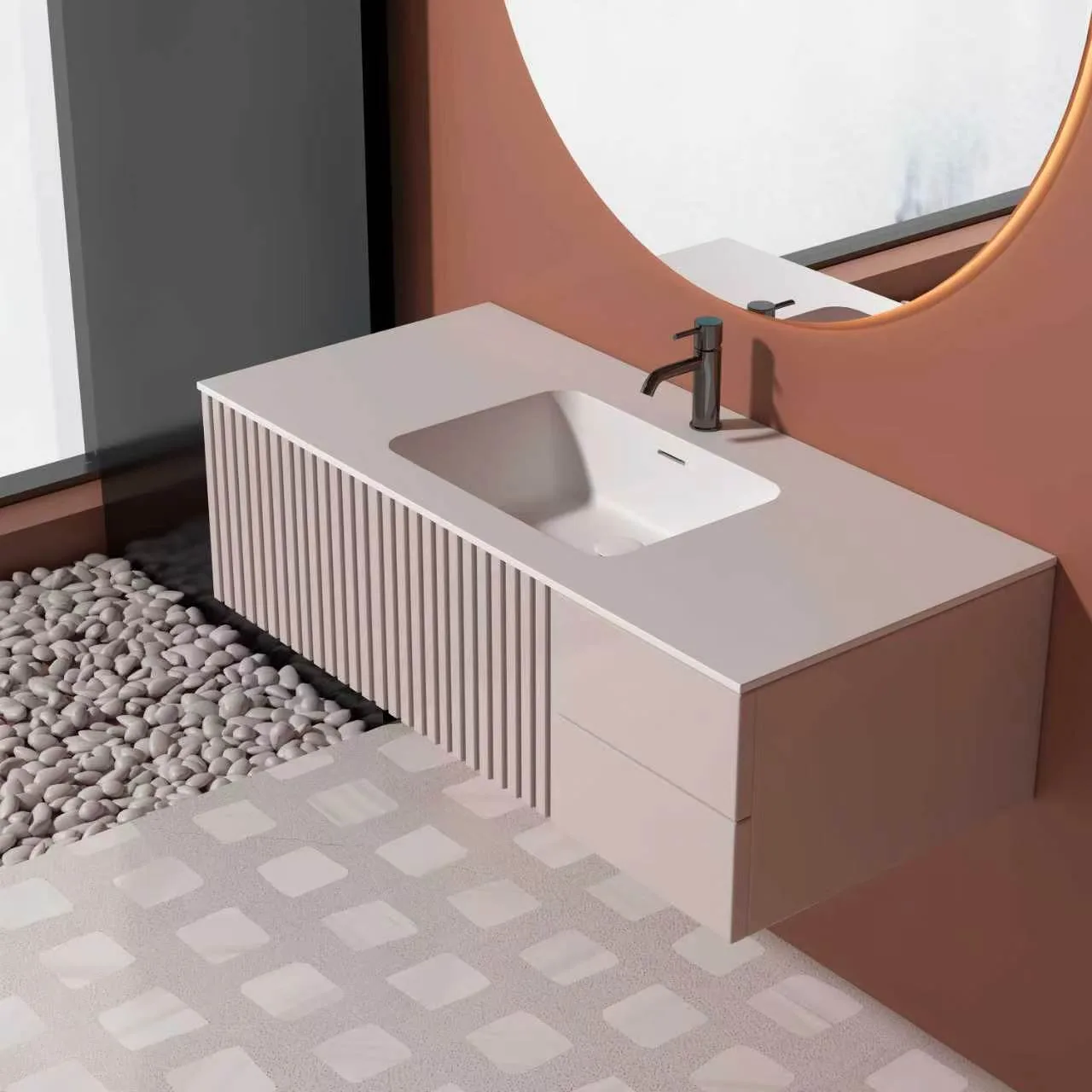 Premium blush pink fluted floating solid surface bathroom vanity combo featuring a seamless matte white countertop, an integrated rectangular basin, and an elegant round wall mirror.