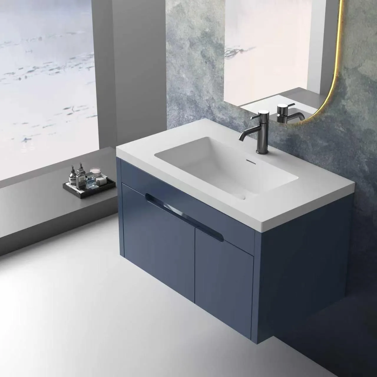 Premium slate blue floating solid surface bathroom vanity combo featuring a seamless matte white resin countertop, an integrated rectangular basin, and an arch-shaped backlit LED mirror.