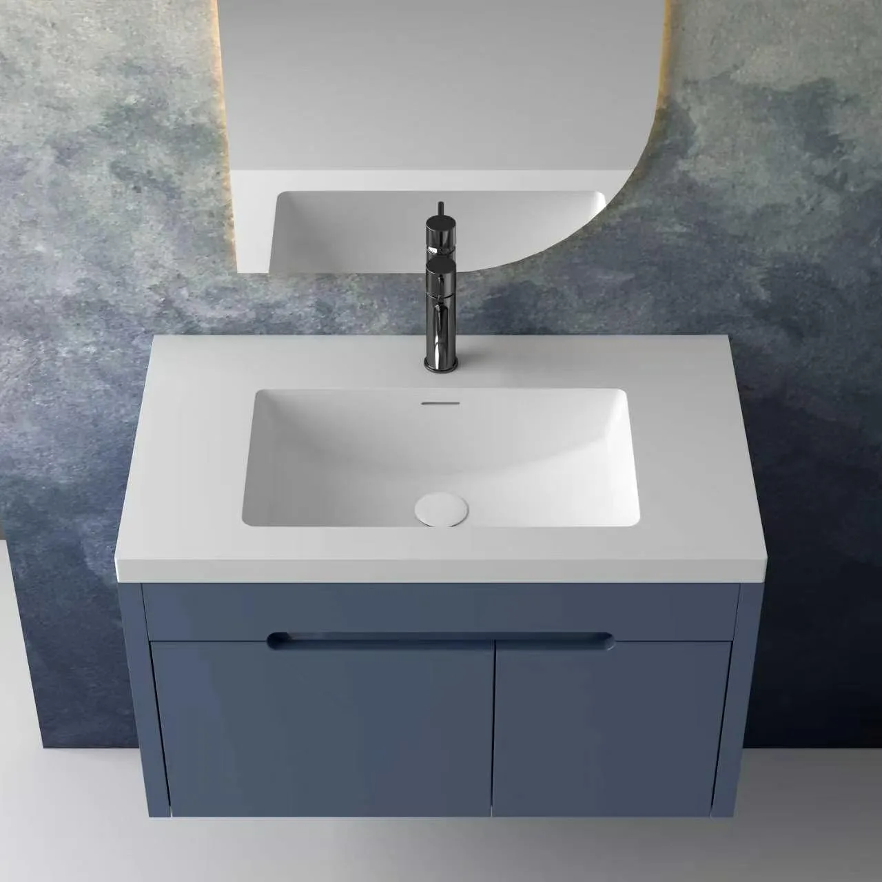 Direct overhead top-down view highlighting the flawless integrated matte white countertop, rectangular sink layout, and dark charcoal faucet of the slate blue floating solid surface bathroom vanity.