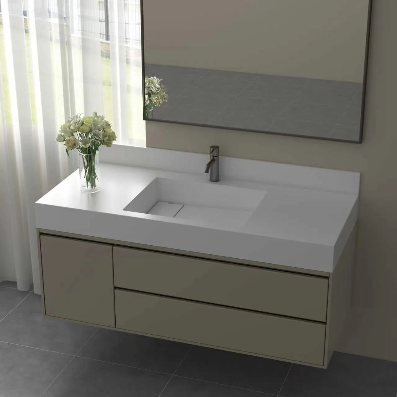 Alternative high-angle view of the minimalist khaki matte floating solid surface bathroom vanity illustrating the seamless transition between the countertop and the wash basin.