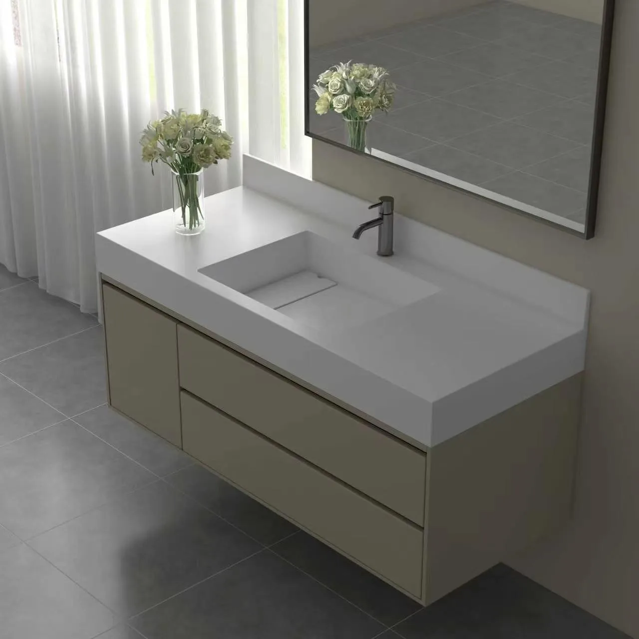 High-angle perspective view of the khaki matte floating solid surface bathroom vanity showcasing the integrated backsplash and unique sloped basin design with a removable drain cover plate.