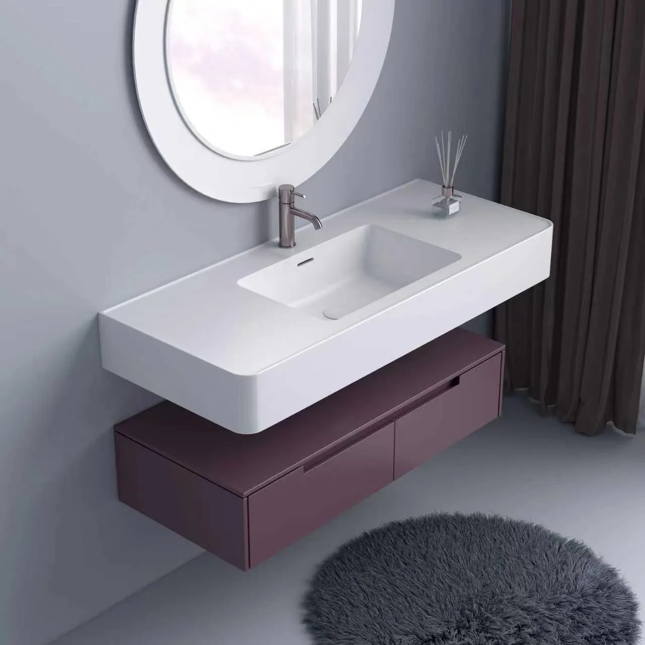 Three-quarter right high-angle perspective showing the seamless finish and sleek profile of the matte white solid surface console basin and floating lower storage drawer.