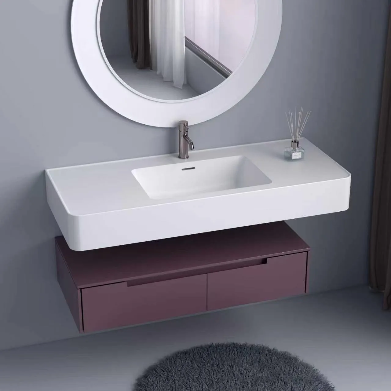 Three-quarter left perspective view highlighting the generous right-hand countertop workspace and crisp rectangular lines of the matte white solid surface vanity sink.