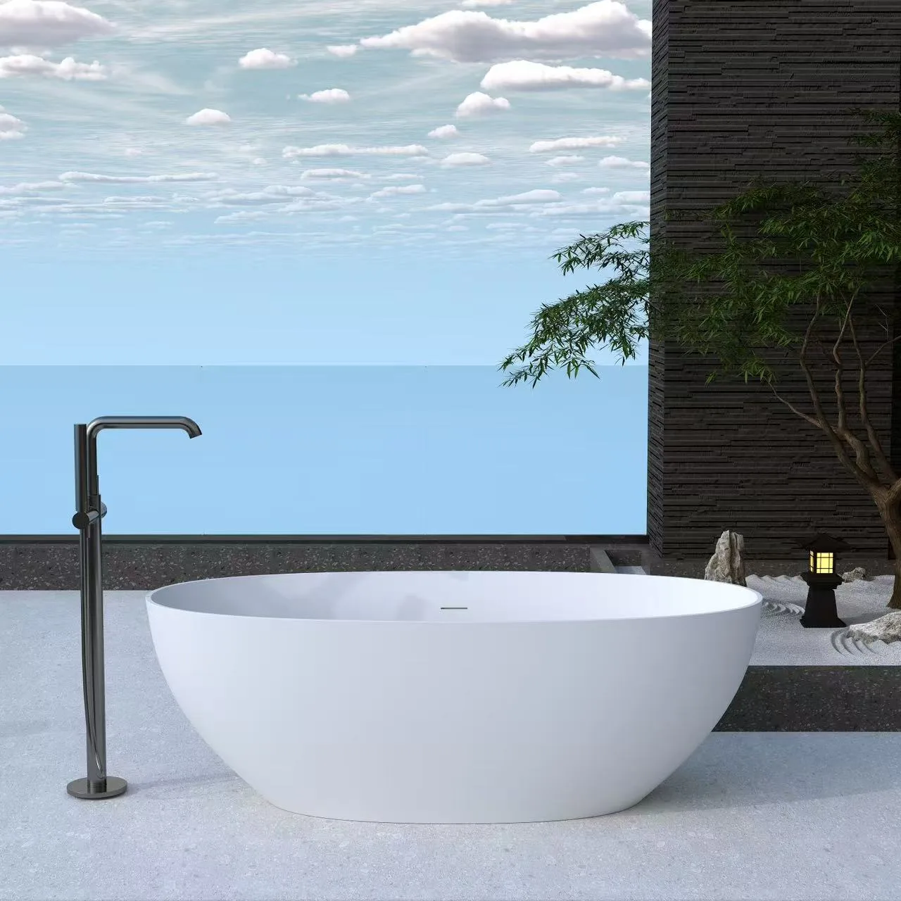 Minimalist organic freestanding solid surface bathtub in a serene courtyard setting
