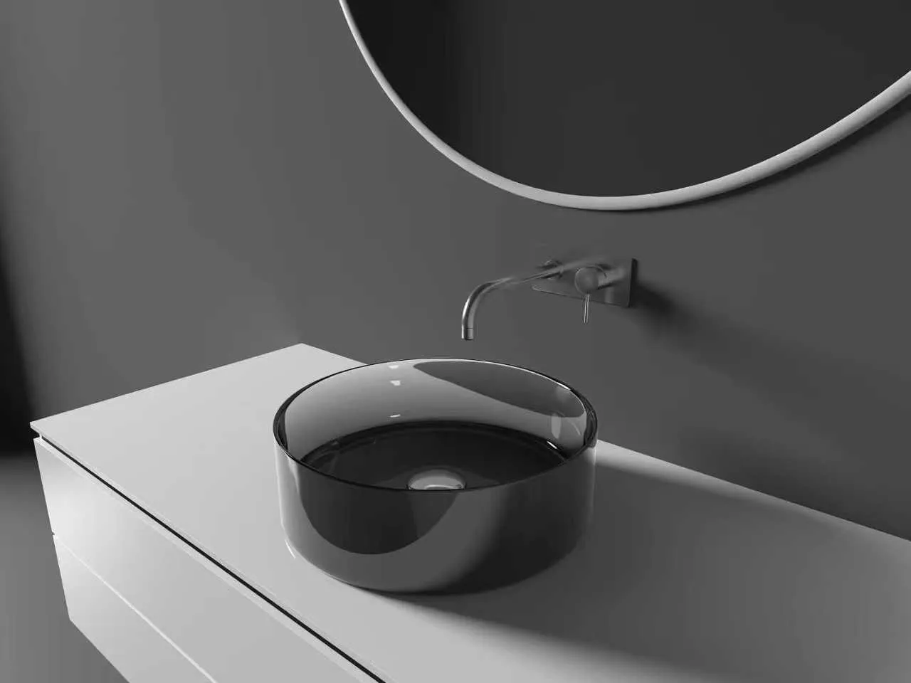 Ocean blue gradient translucent acrylic basin with gold faucet on a green vanity