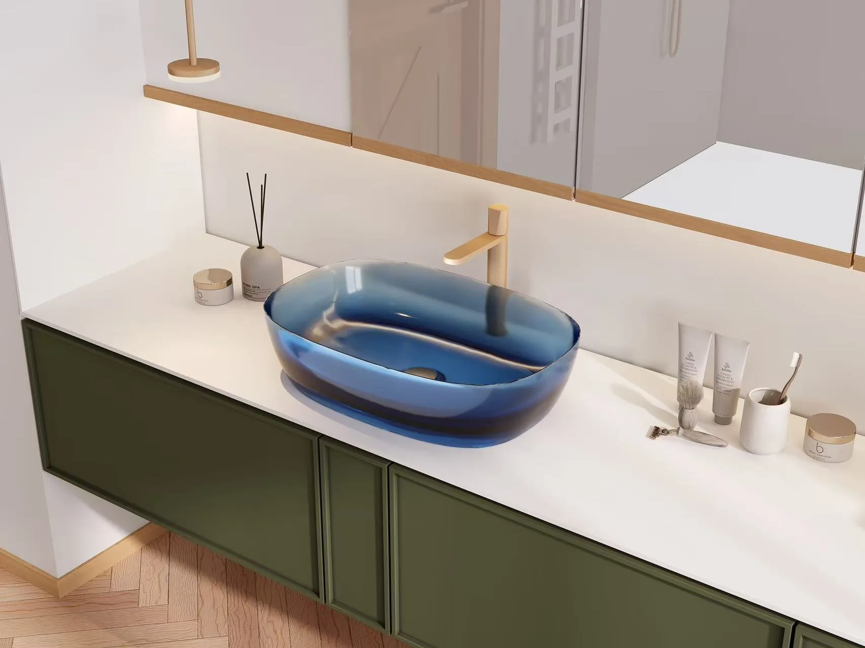 Smoky gray translucent acrylic basin illuminated by a round LED mirror