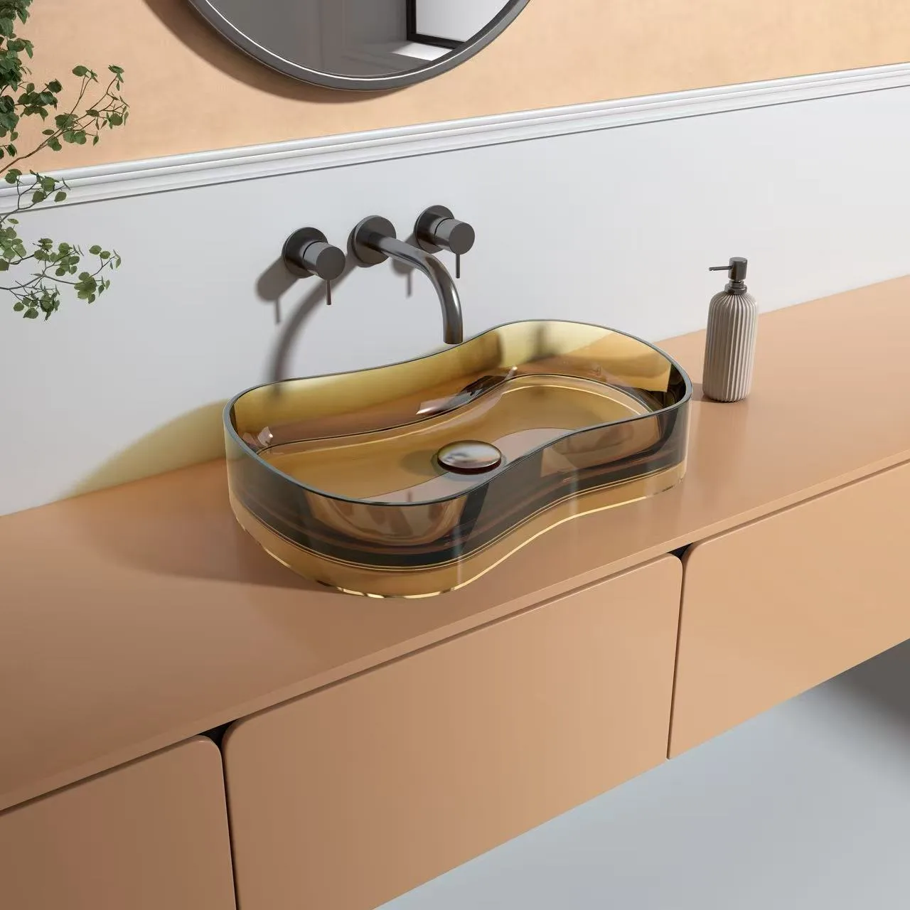 Amber wave shaped translucent acrylic basin mounted on a warm-toned vanity counter