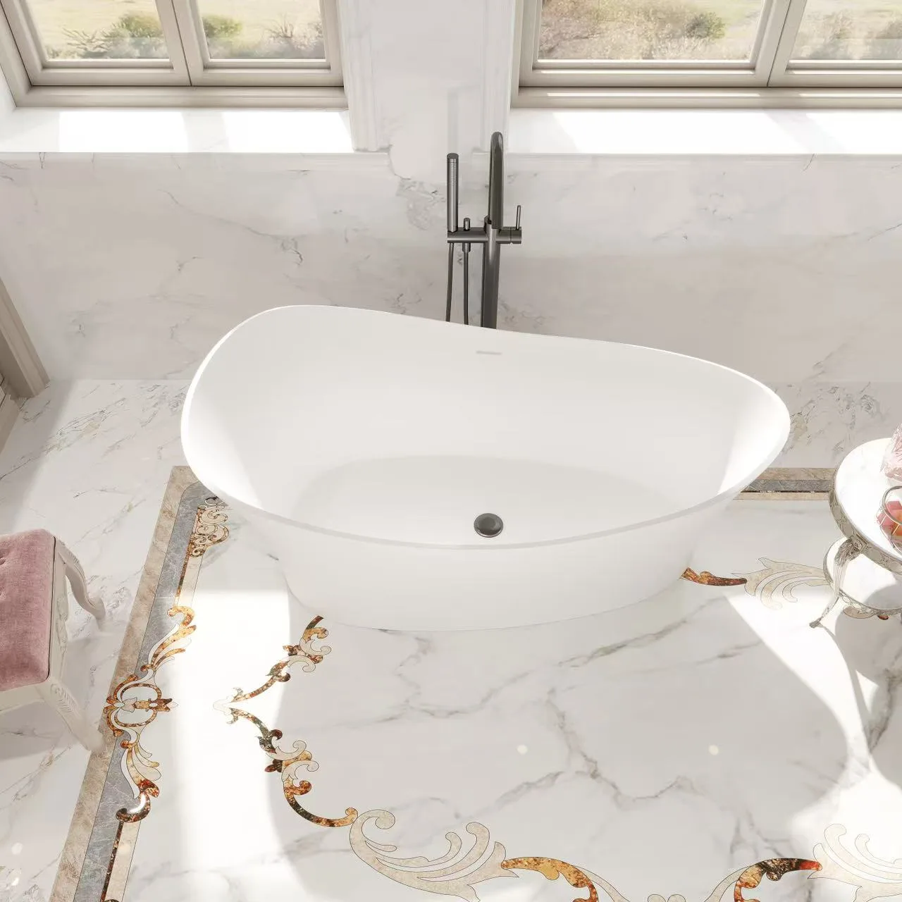 High-back ergonomic double slipper freestanding solid surface bathtub in a classic luxury guestroom