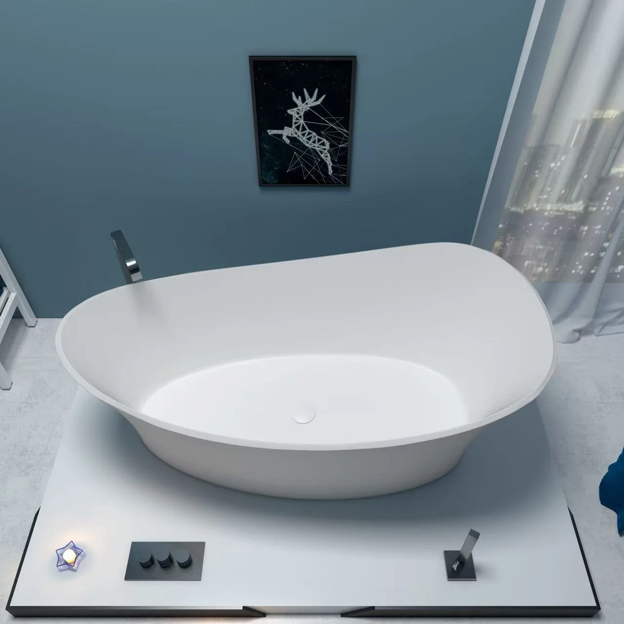 Ergonomic asymmetric freestanding solid surface bathtub installed on luxury marble flooring
