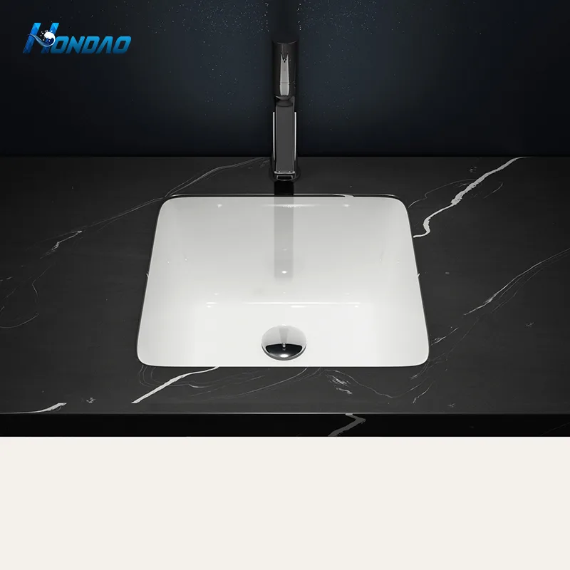 Matte White Solid Surface Square Undermount Basin studio perspective rendering displaying its compact square geometry, radiused corners, and perimeter mounting flange.