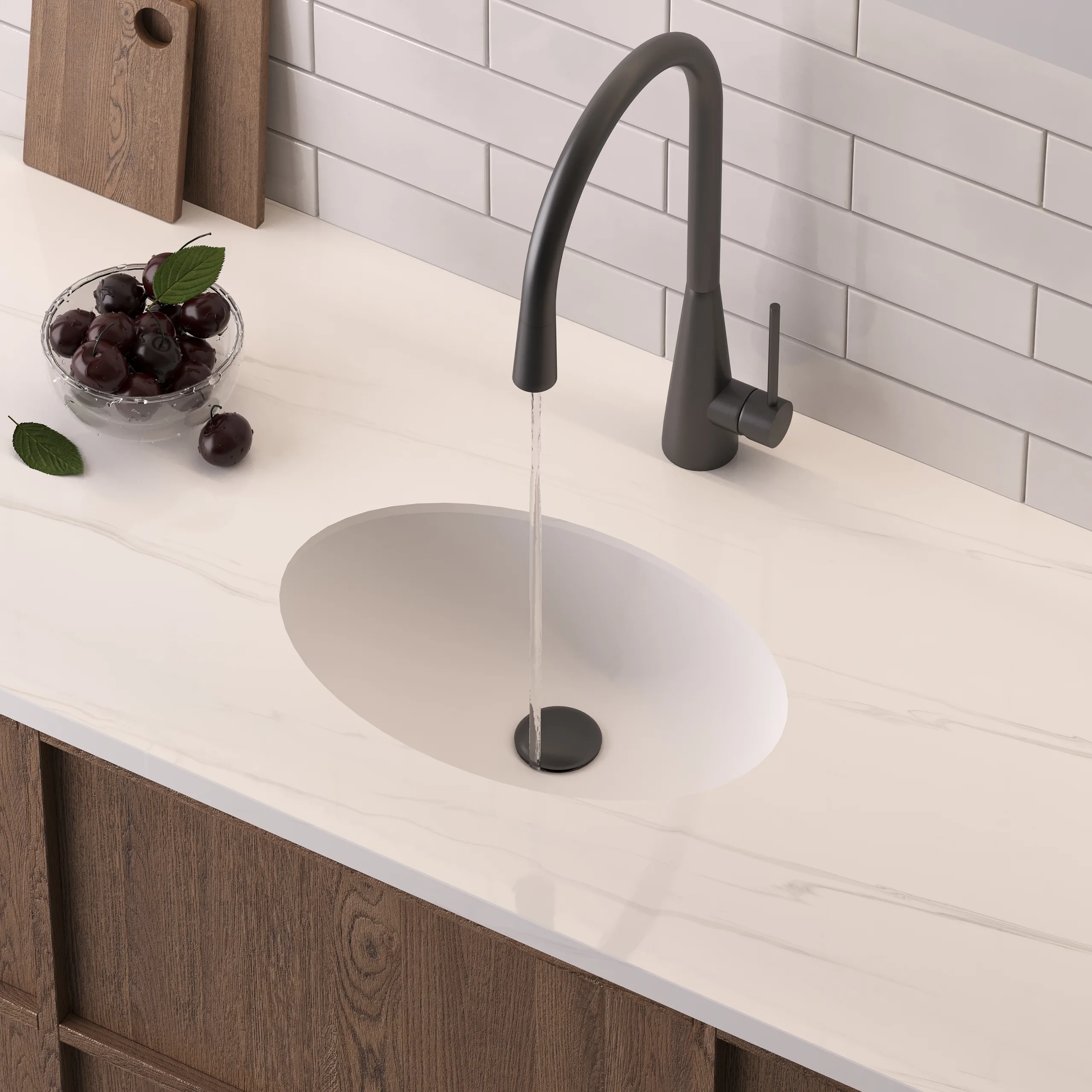 Matte White Solid Surface Oval Undermount Basin perspective view highlighting the smooth oval basin slopes and seamless countertop integration.