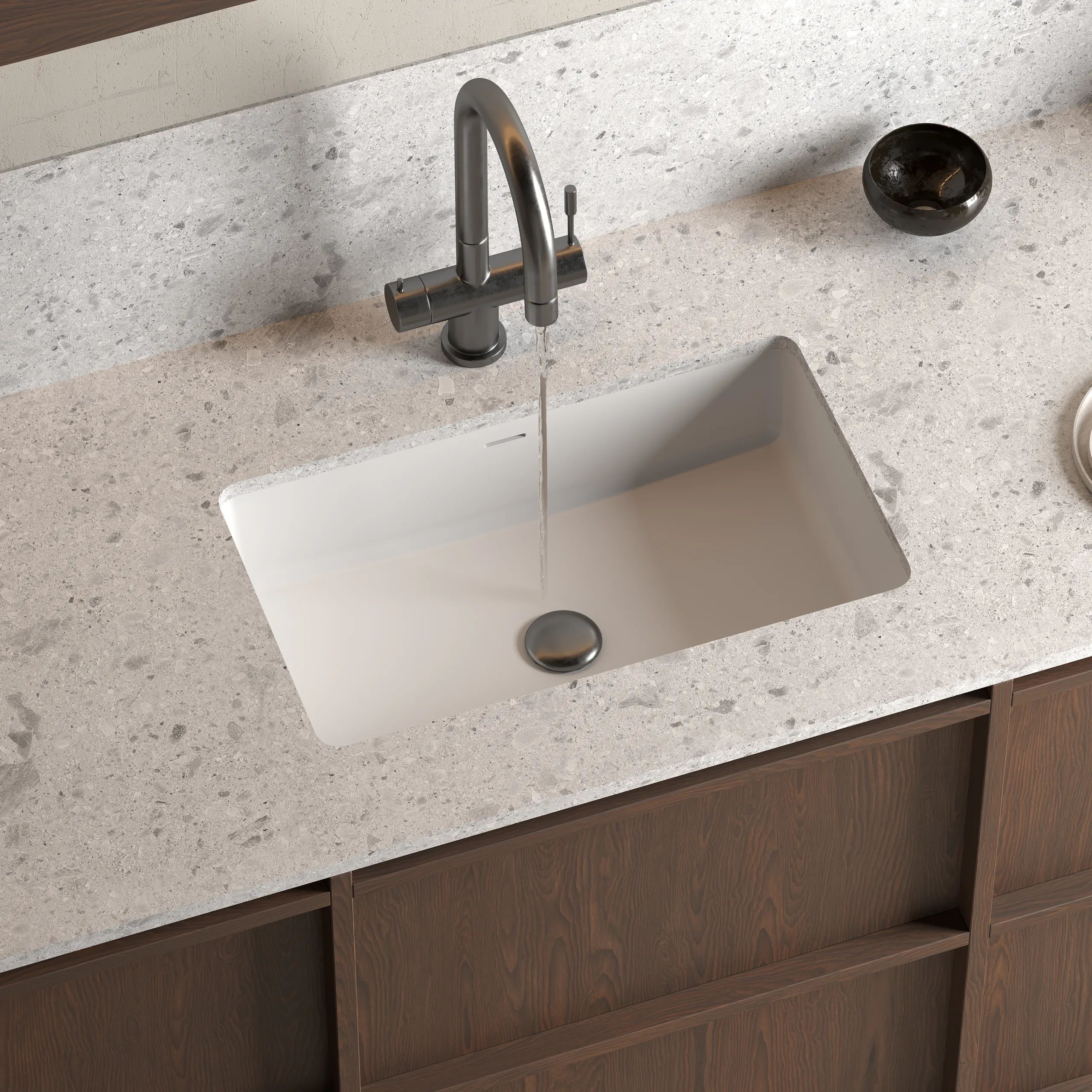 Matte White Solid Surface Rectangular Undermount Basin three-quarter view displaying seamless undermount edge and deep rectangular basin.
