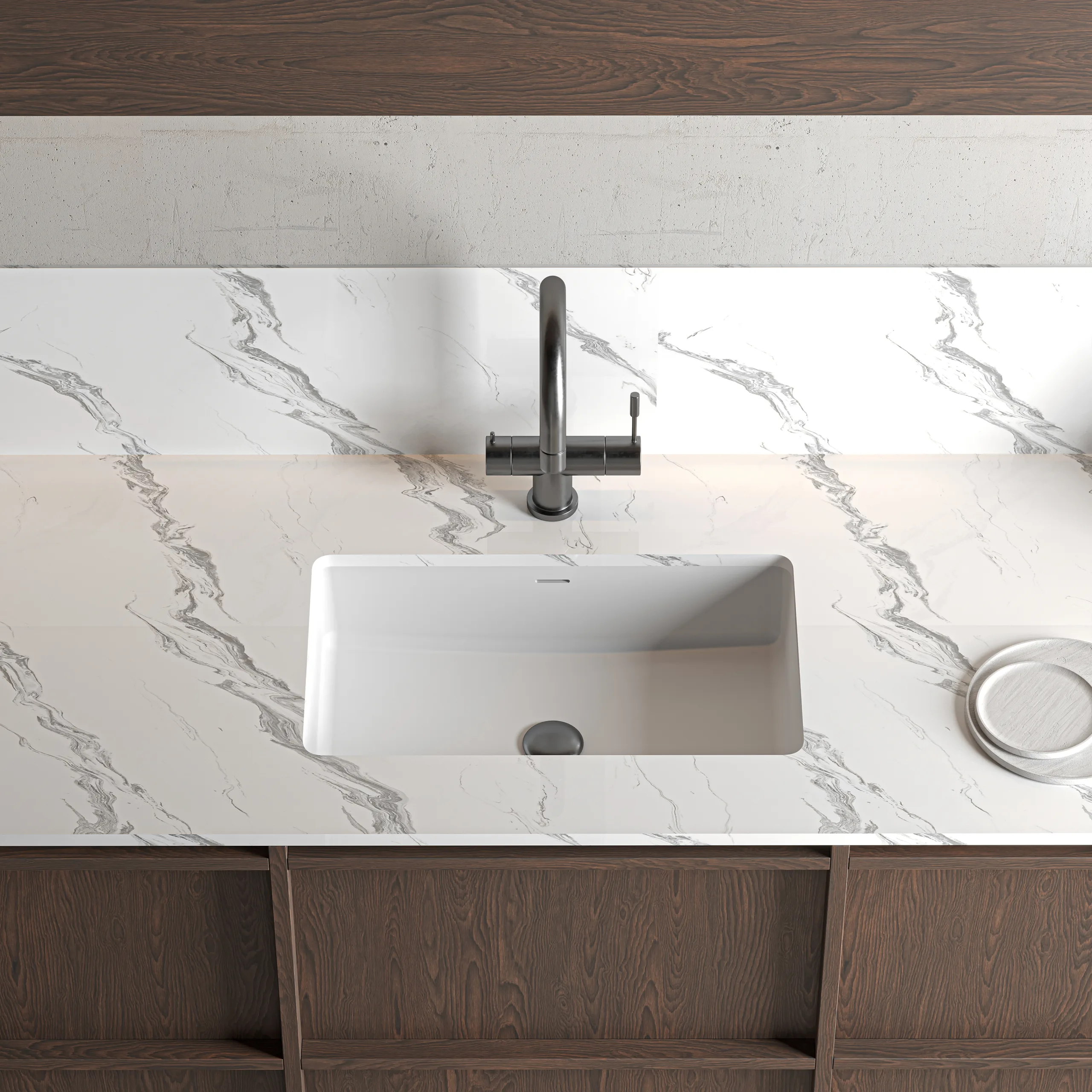 Matte White Solid Surface Rectangular Undermount Basin top-down view showing linear overflow slot and centered drain.