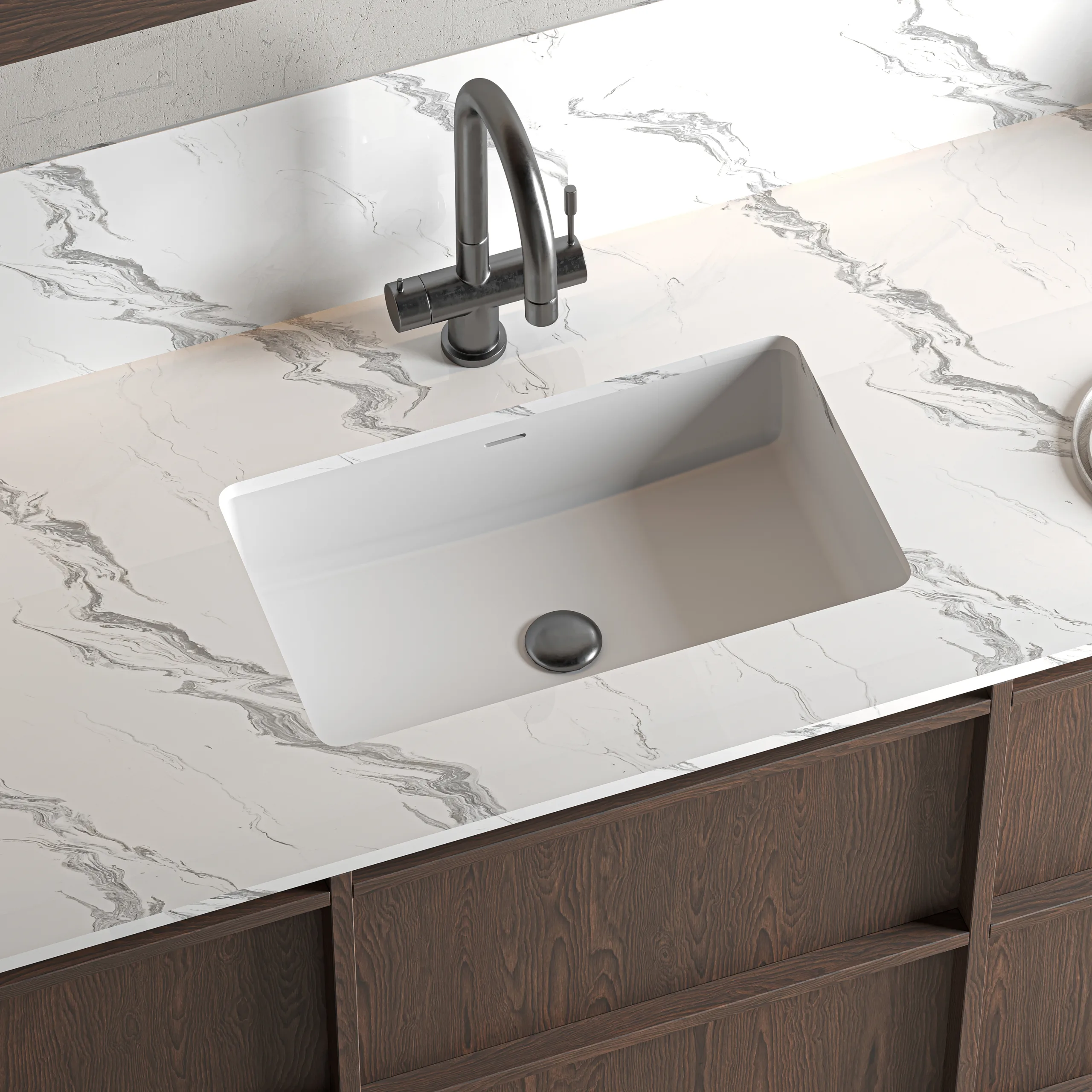 Matte White Solid Surface Rectangular Undermount Basin high-angle perspective installed beneath terrazzo vanity counter with modern faucet.