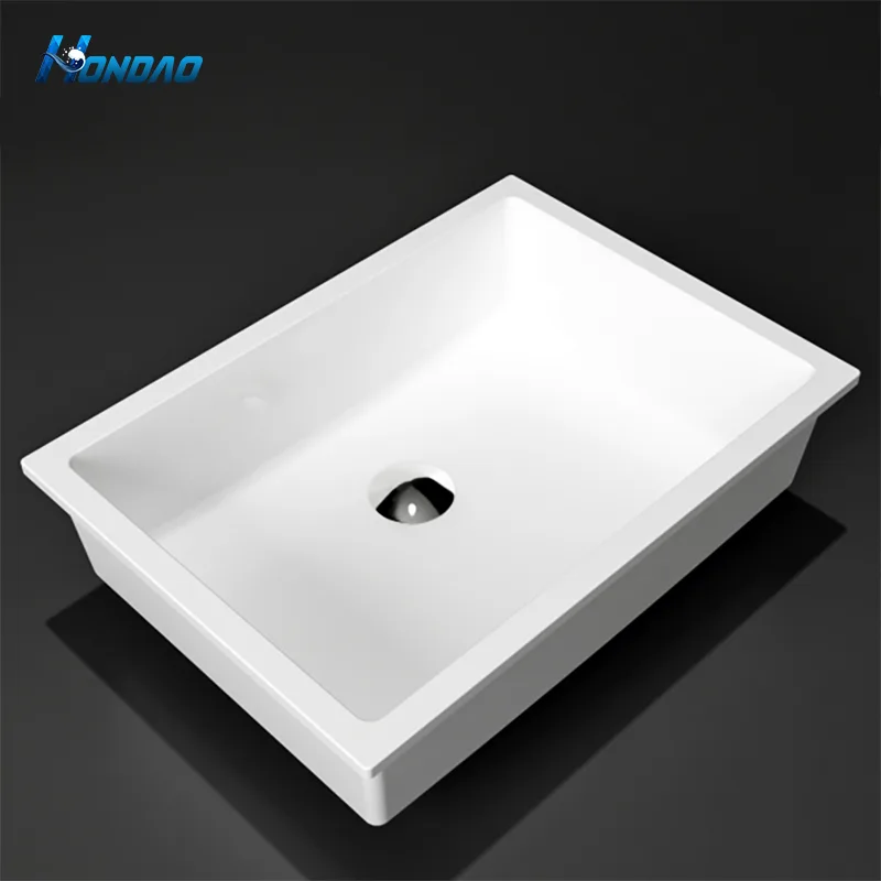 Matte White Solid Surface Rectangular Undermount Basin studio perspective view displaying clean rectangular basin geometry, subtle corner radiuses, and flat perimeter mounting flange.