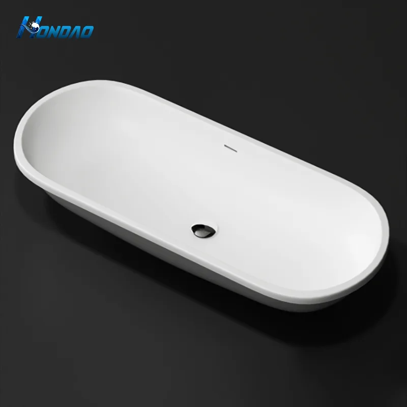 Matte White Solid Surface Elongated Vessel Sink studio high-angle perspective view displaying its stadium-oval rim, deep trough basin, and integrated overflow slot.