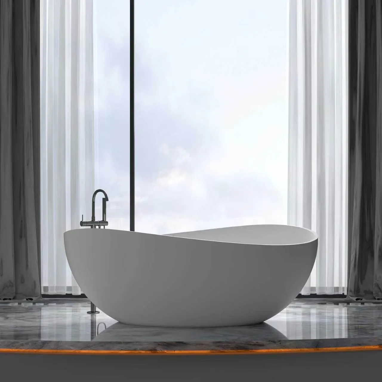 modern architectural freestanding solid surface bathtub by floor to ceiling window