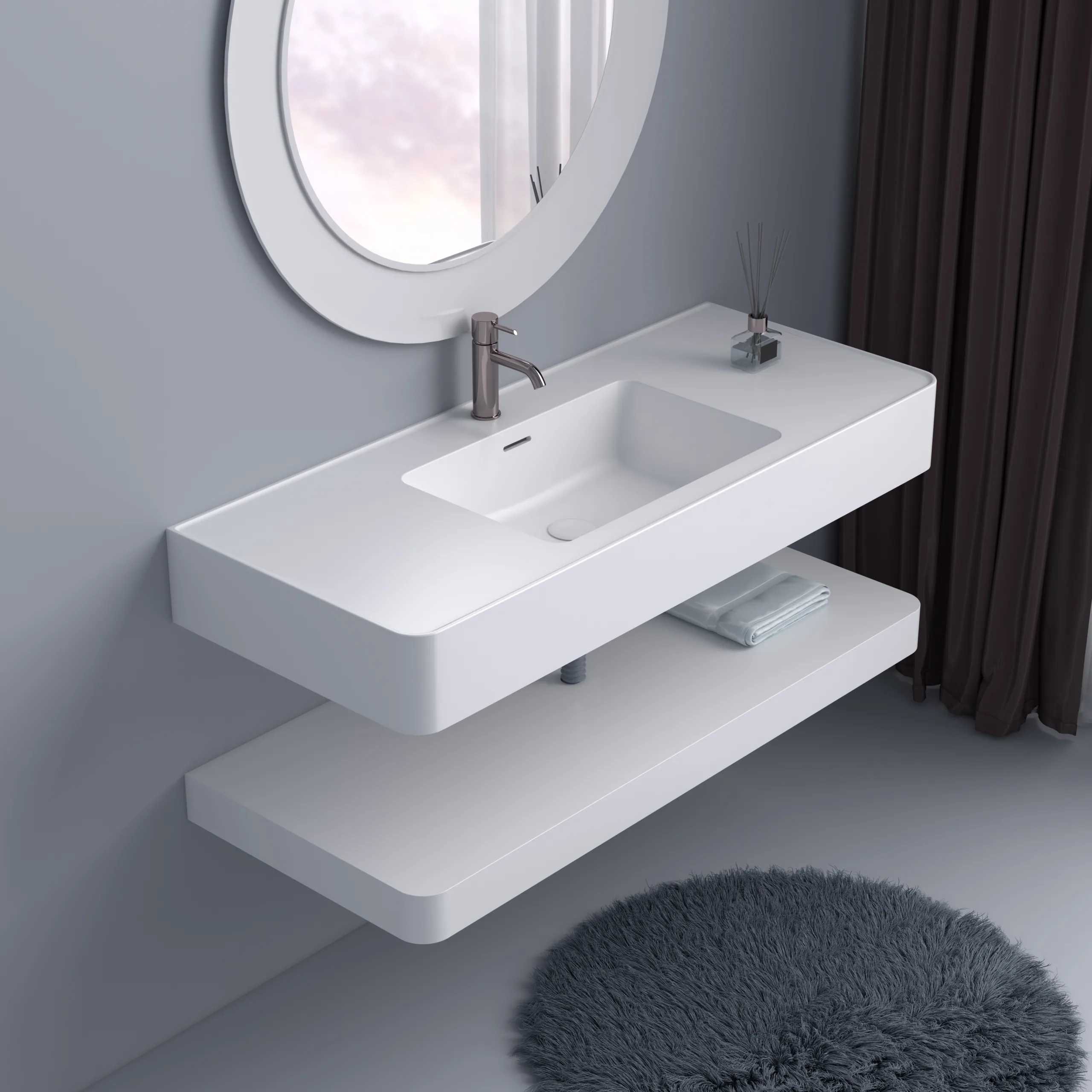 Matte White Solid Surface Floating Vanity Sink high-angle perspective view with open lower storage shelf and integrated basin
