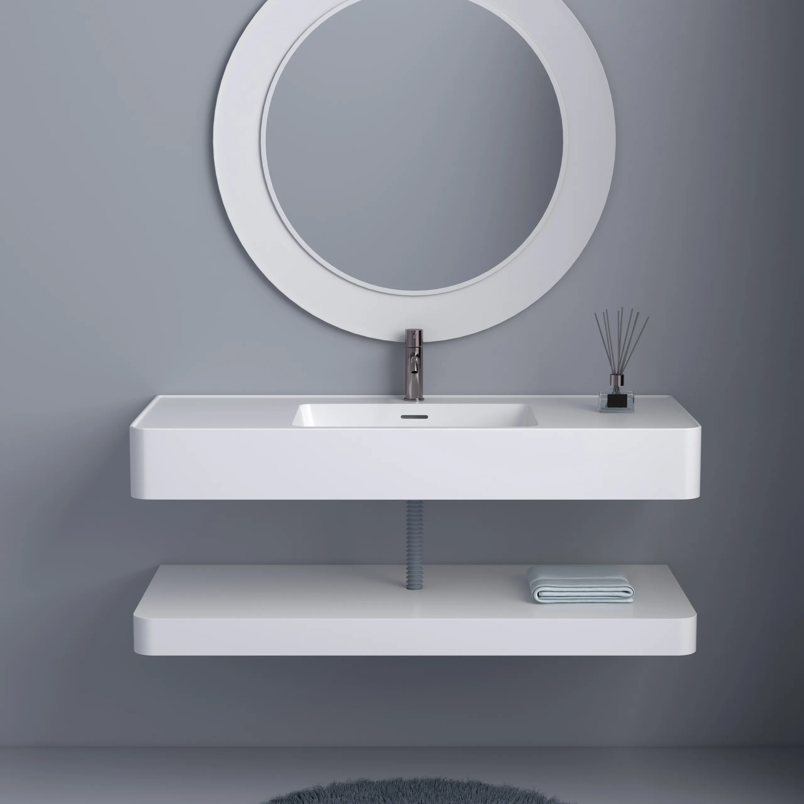 Matte White Solid Surface Floating Vanity Sink front elevation view with floating towel shelf under round mirror