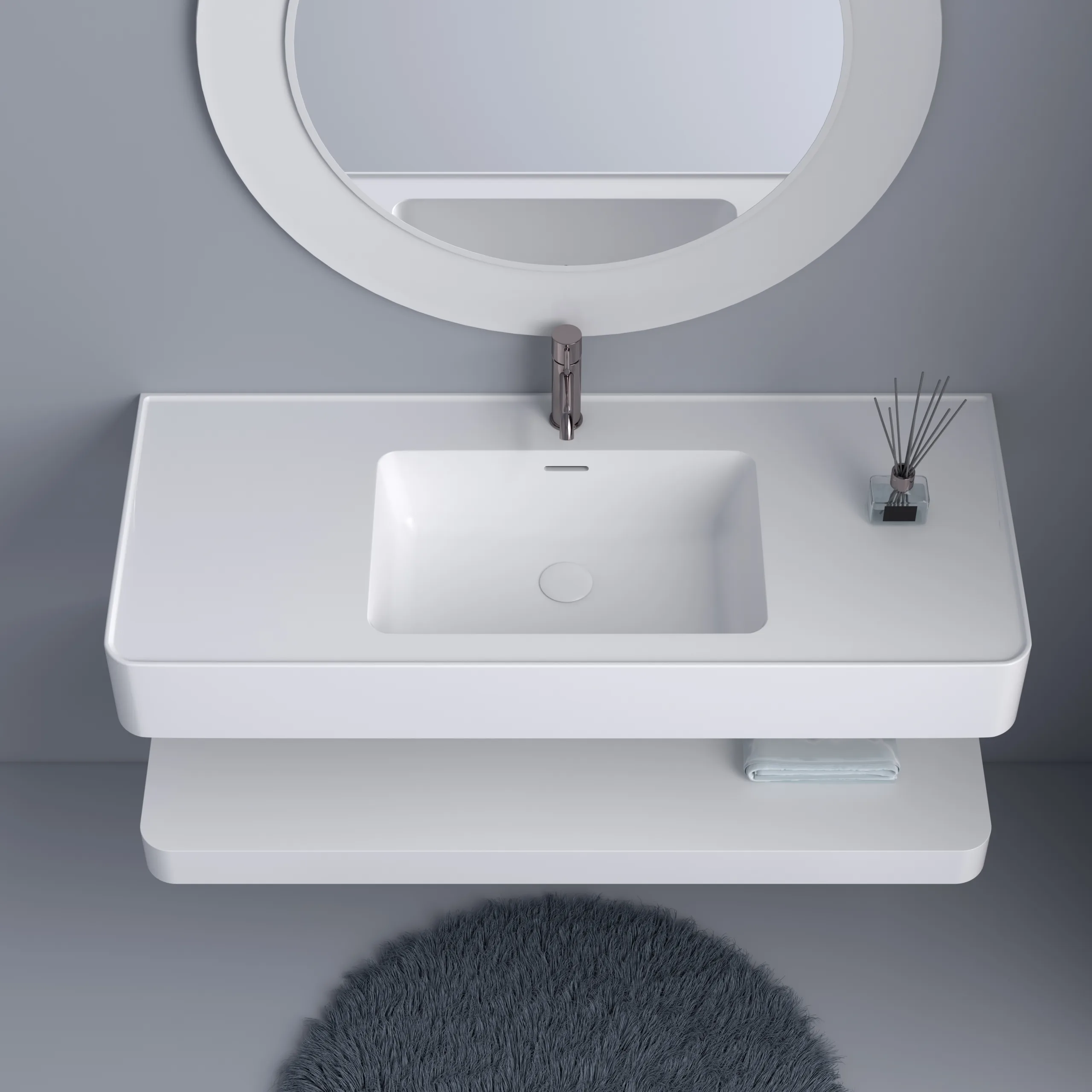 Matte White Solid Surface Floating Vanity Sink direct top-down view showing seamless countertop workspace