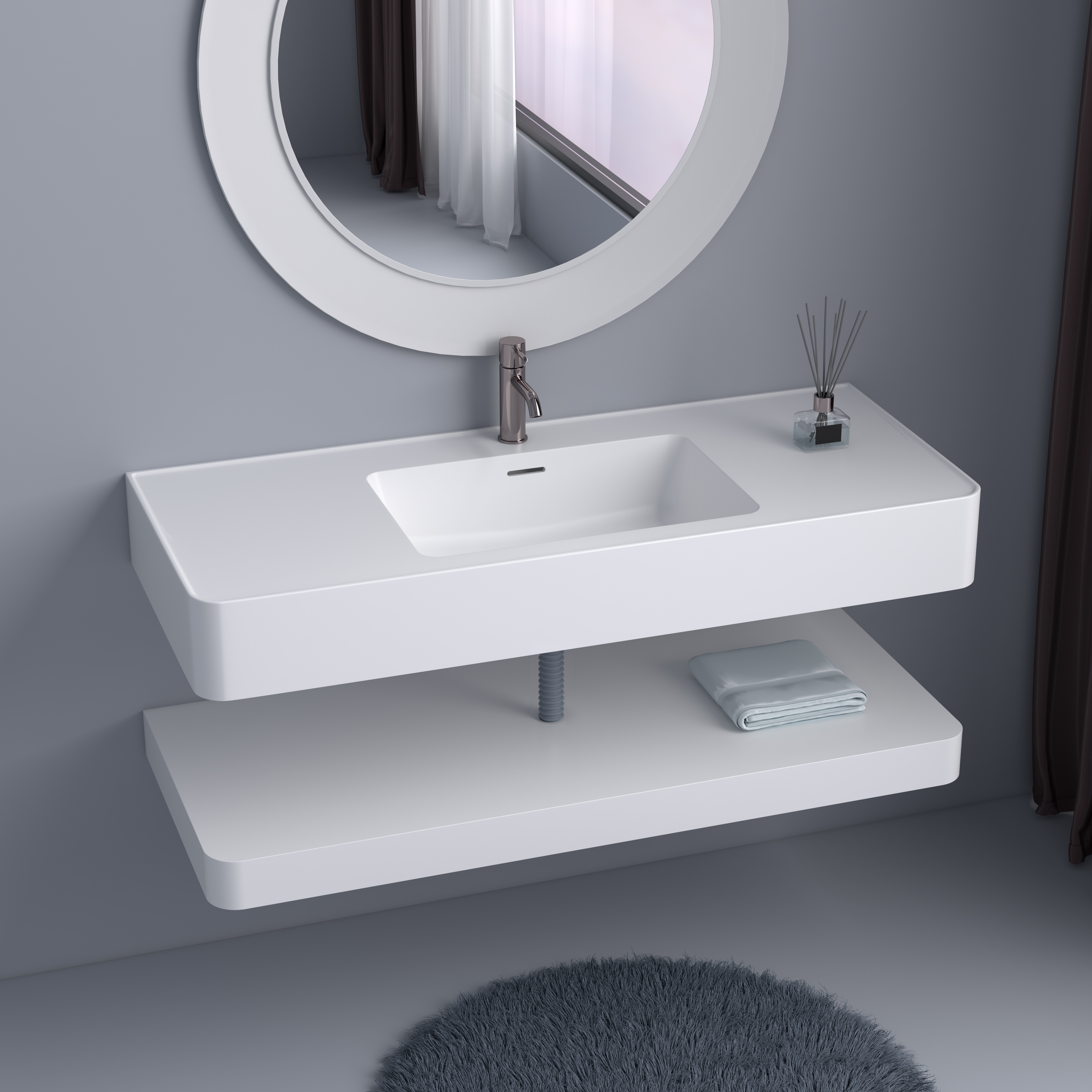 Matte White Solid Surface Floating Vanity Sink three-quarter profile highlighting dual-tier wall-hung structure