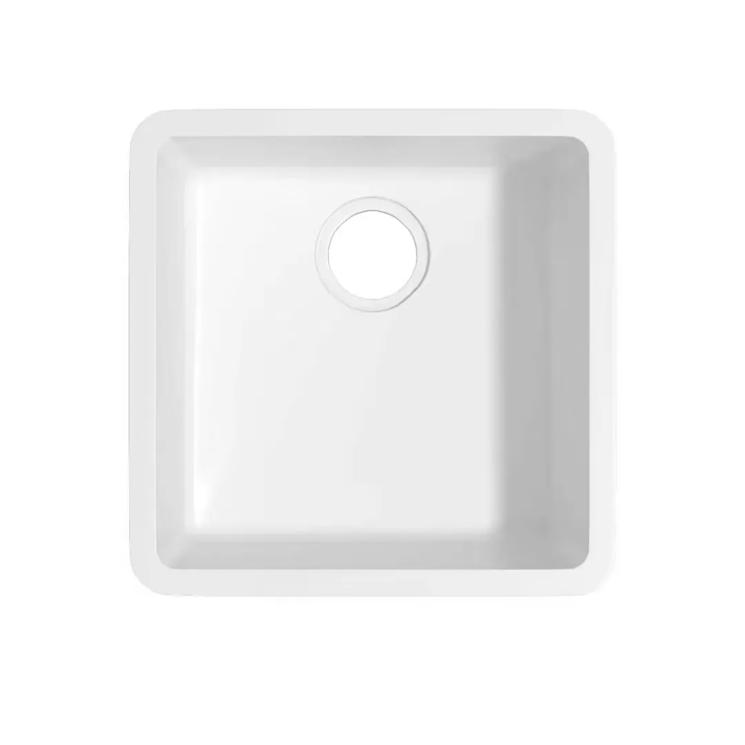 Direct overhead view of the Matte White Solid Surface Square Undermount Basin on a white background showing symmetrical square basin geometry and rear-centered drain outlet.