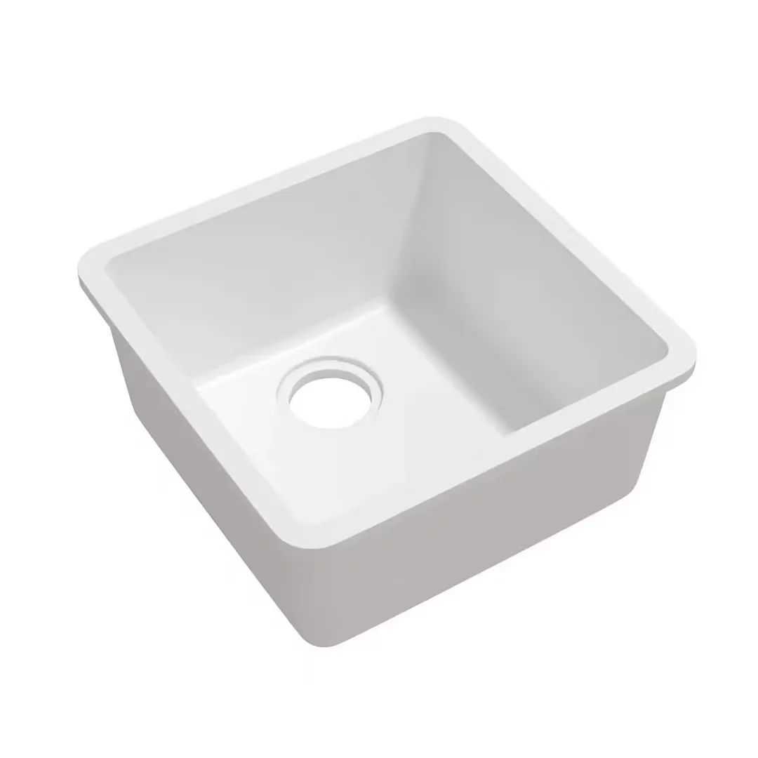 Studio high-angle perspective view of the Matte White Solid Surface Square Undermount Basin highlighting compact deep square basin proportions and flat perimeter edge.