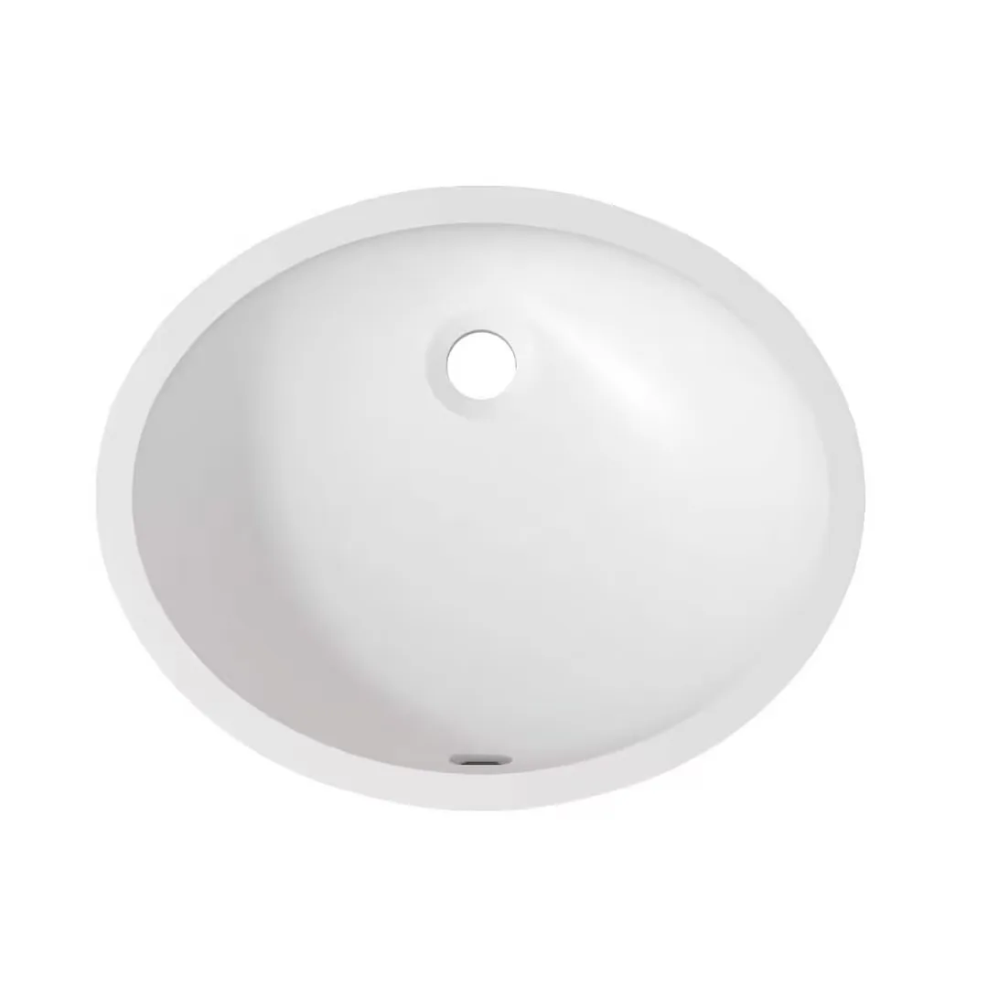 Matte White Solid Surface Elliptical Undermount Basin three-quarter perspective rendering displaying exterior overflow channel and central waste outlet.